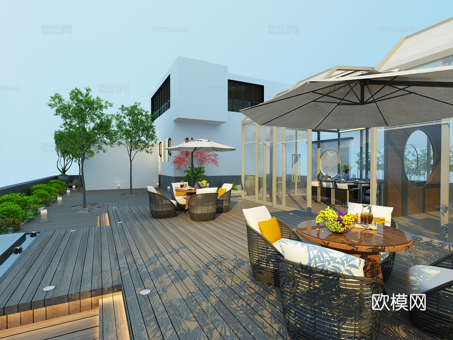 新中式楼顶花园    电动阳光房 景观 户外沙发餐椅3d模型