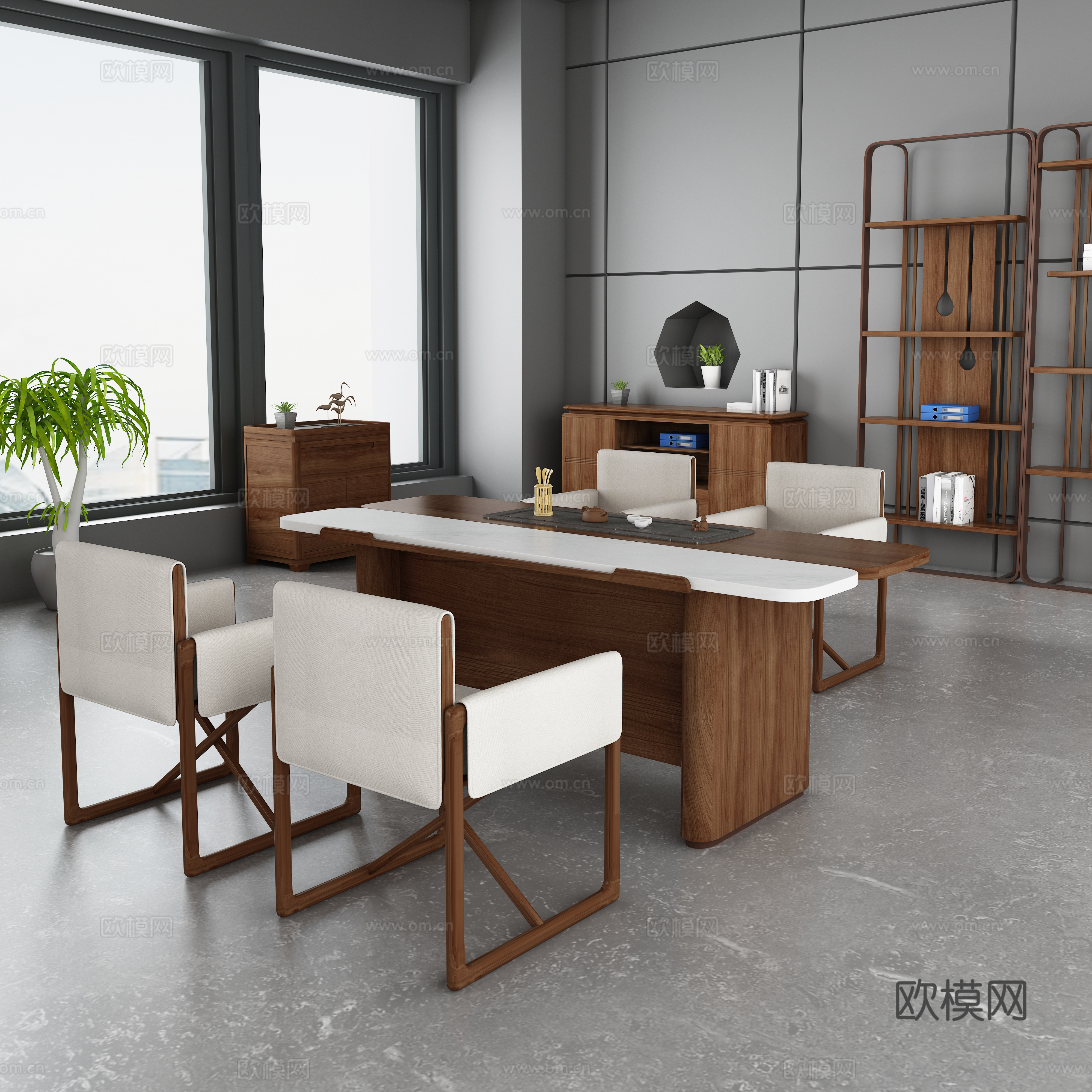 新中式办公空间 办公接待室 茶室 木纹茶桌椅 茶水柜 博古架3d模型
