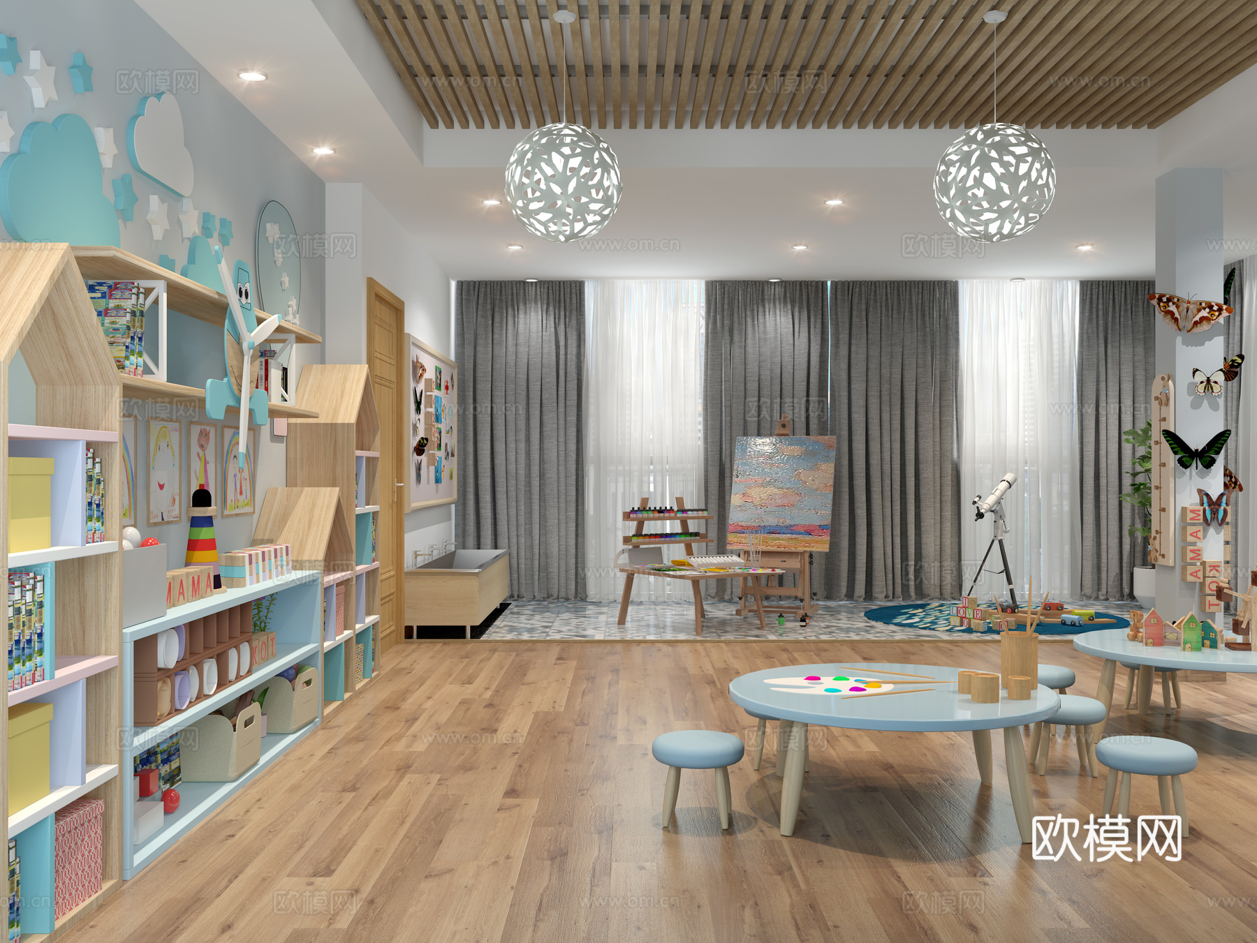 现代幼儿园活动室 美创室 画架3d模型