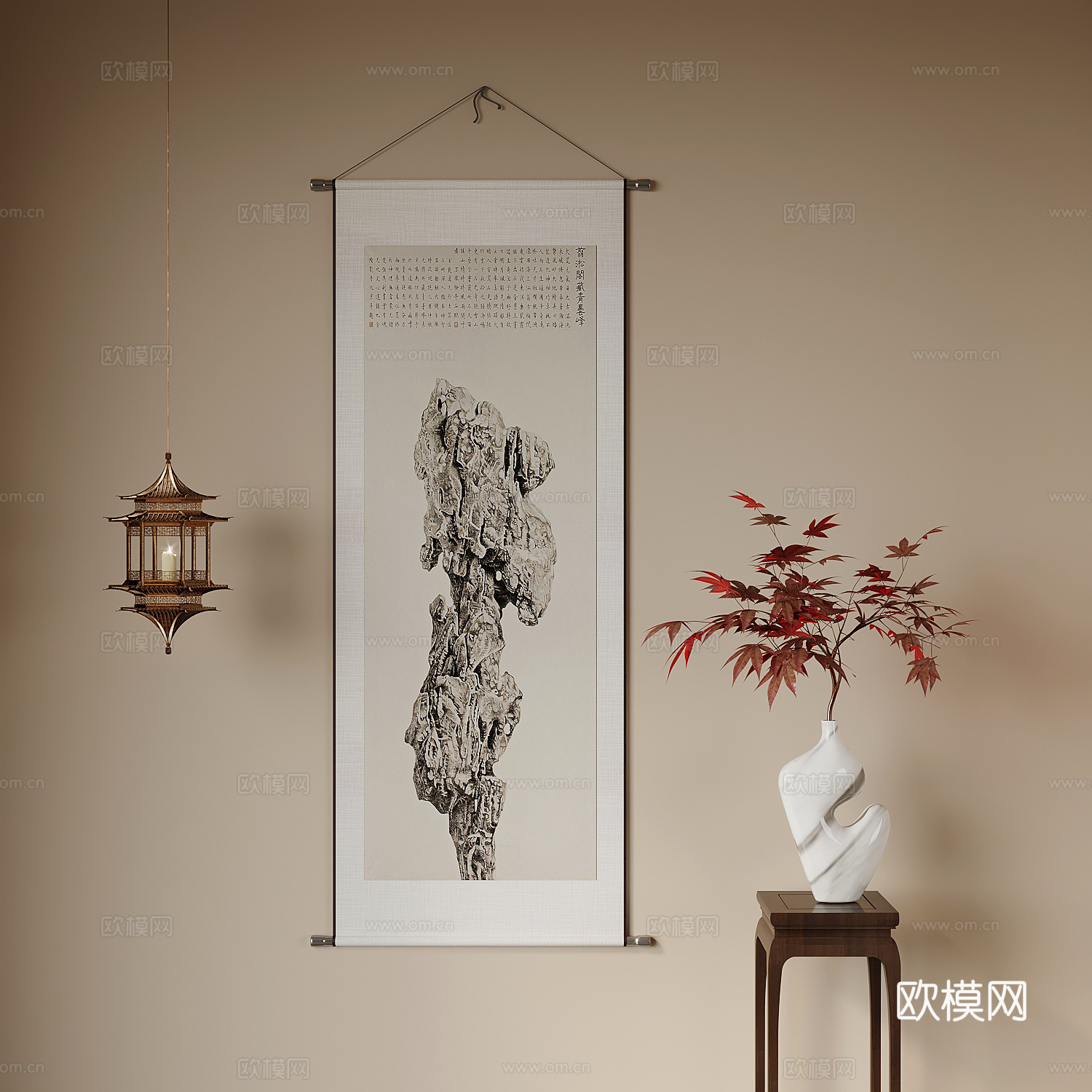 新中式花架 盆景 挂画 吊灯su模型