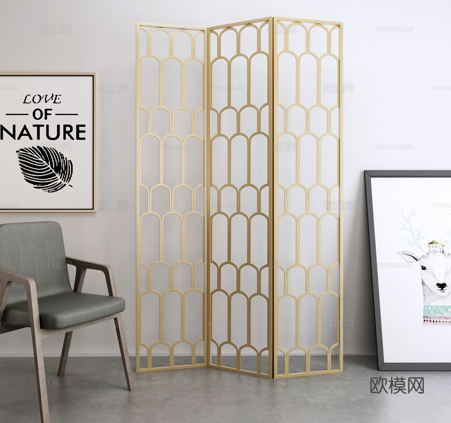 现代屏风 隔断 金属镂空椅子 挂画3d模型