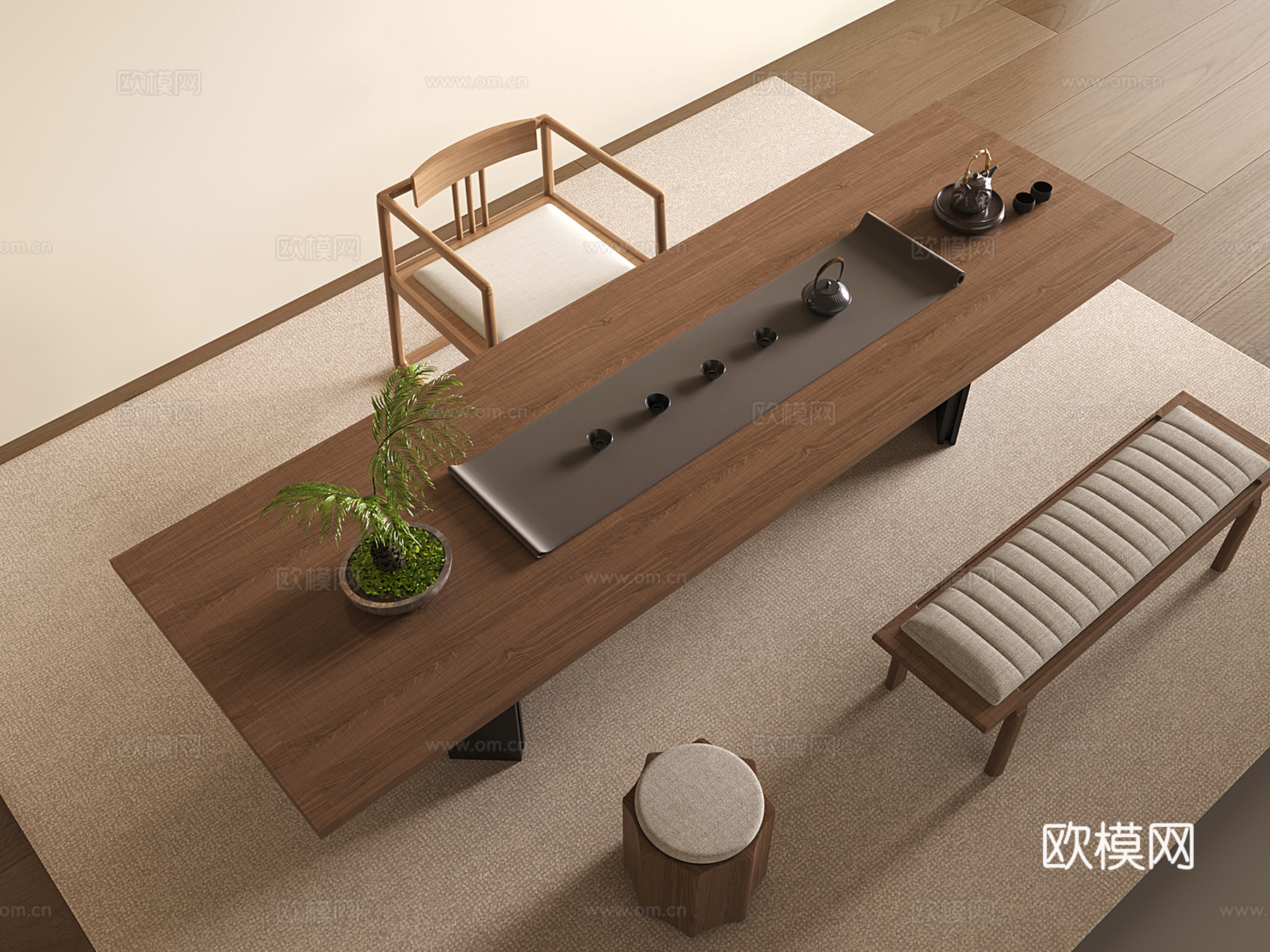 中式茶桌椅 茶具 蒲团 茶台 茶托盘 茶椅3d模型