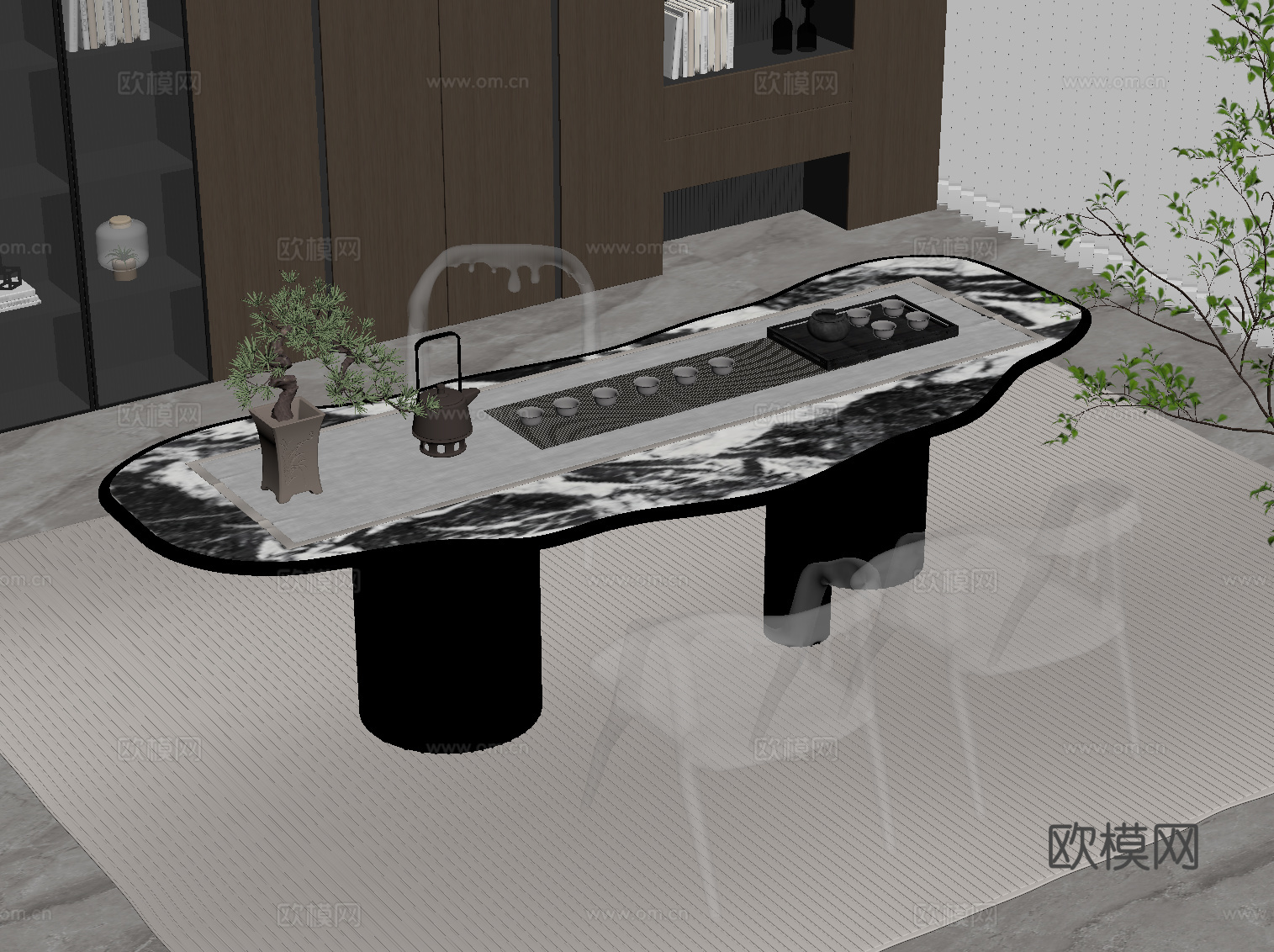 现代简约茶桌椅 茶台 茶具su模型