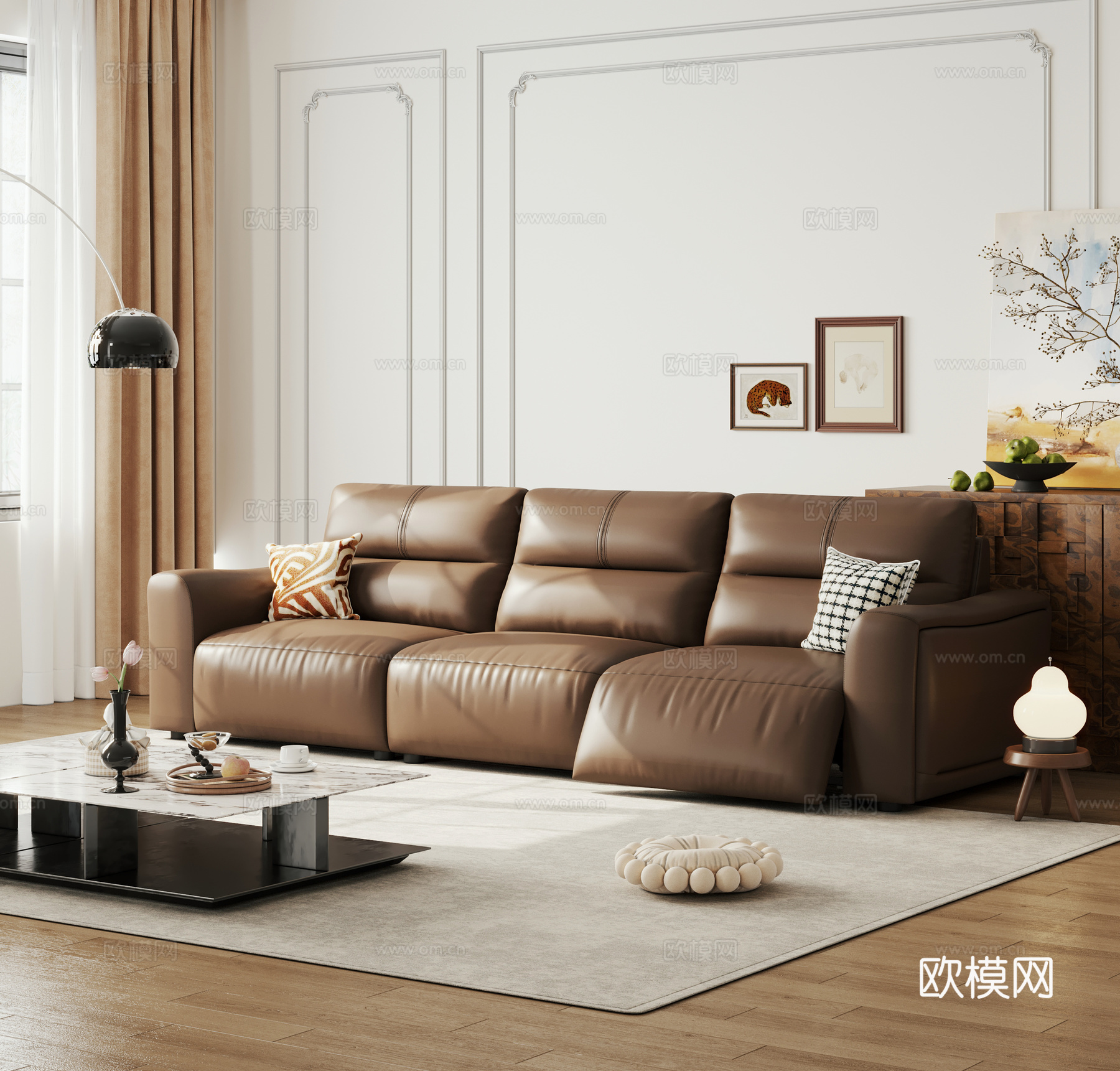 现代三人位沙发 电动沙发 皮质沙发 直排沙发3d模型