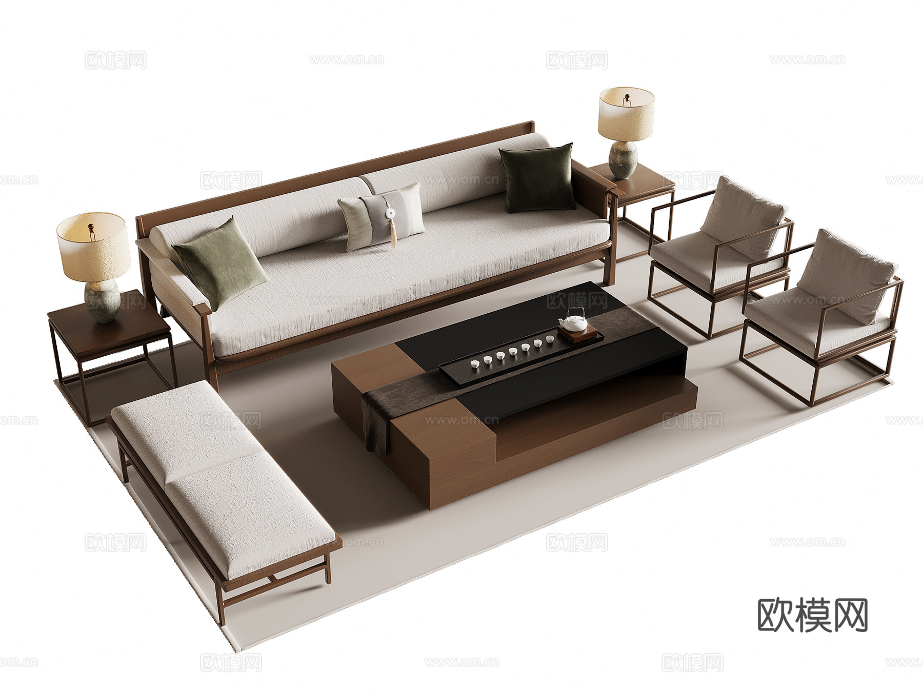 中古风沙发茶几组合3d模型下载