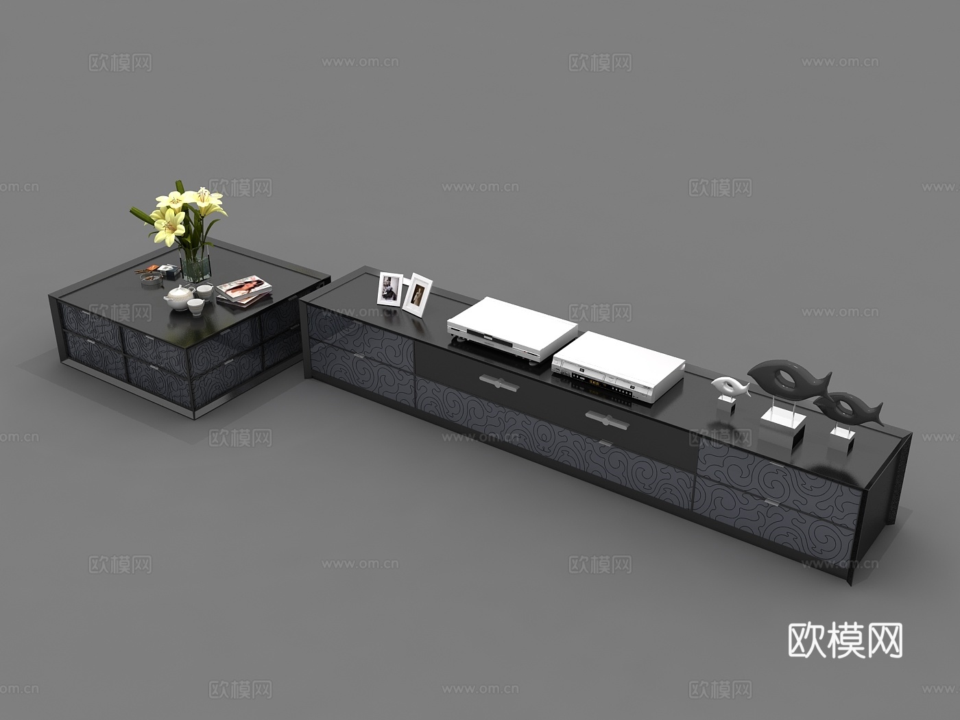 现代风格客厅 现代客厅 家具风格电视柜 电视墙 装饰品 茶几3d模型