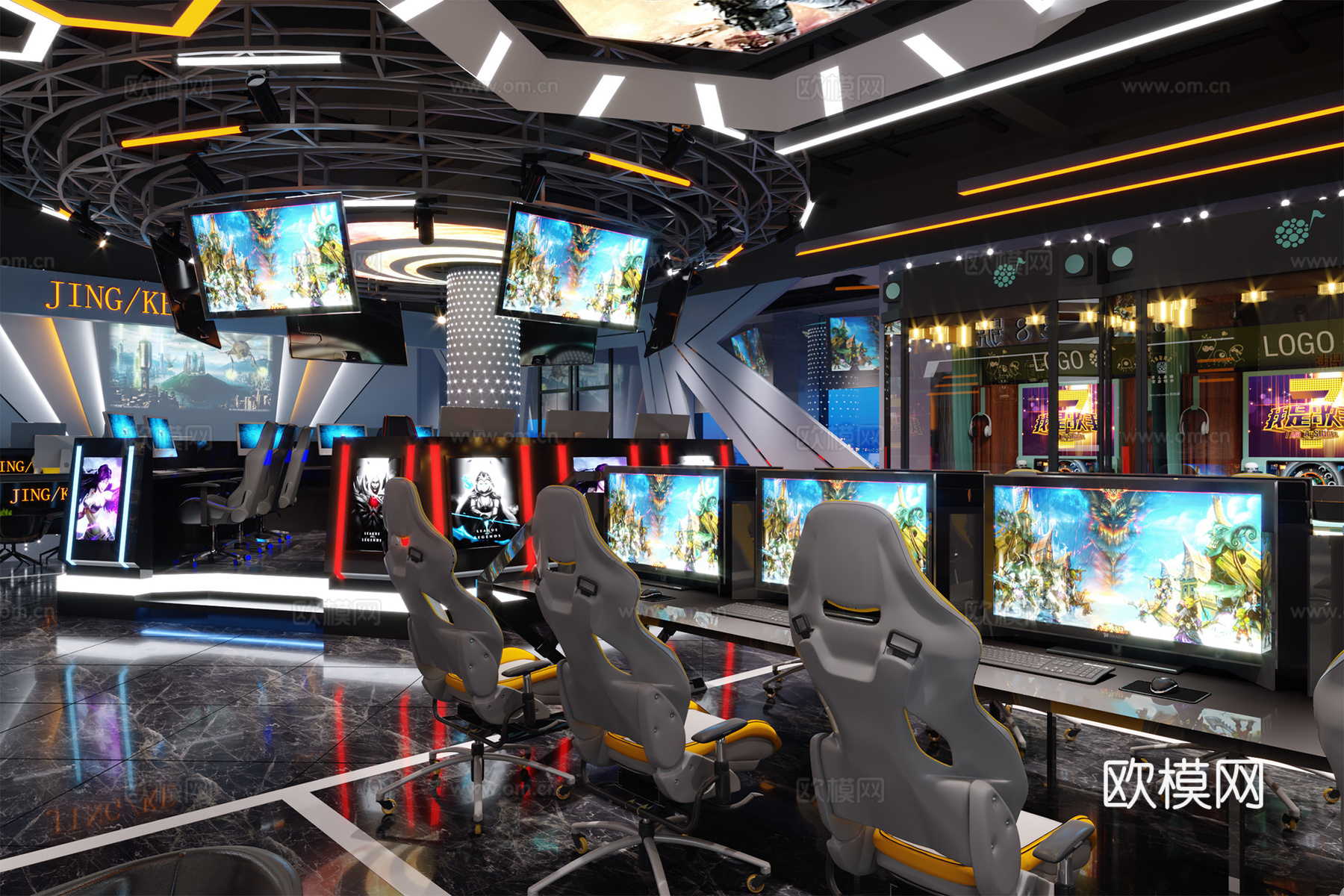 后现代网吧,网咖 吧台 异形顶 K歌机 K歌房 KTV,3d模型