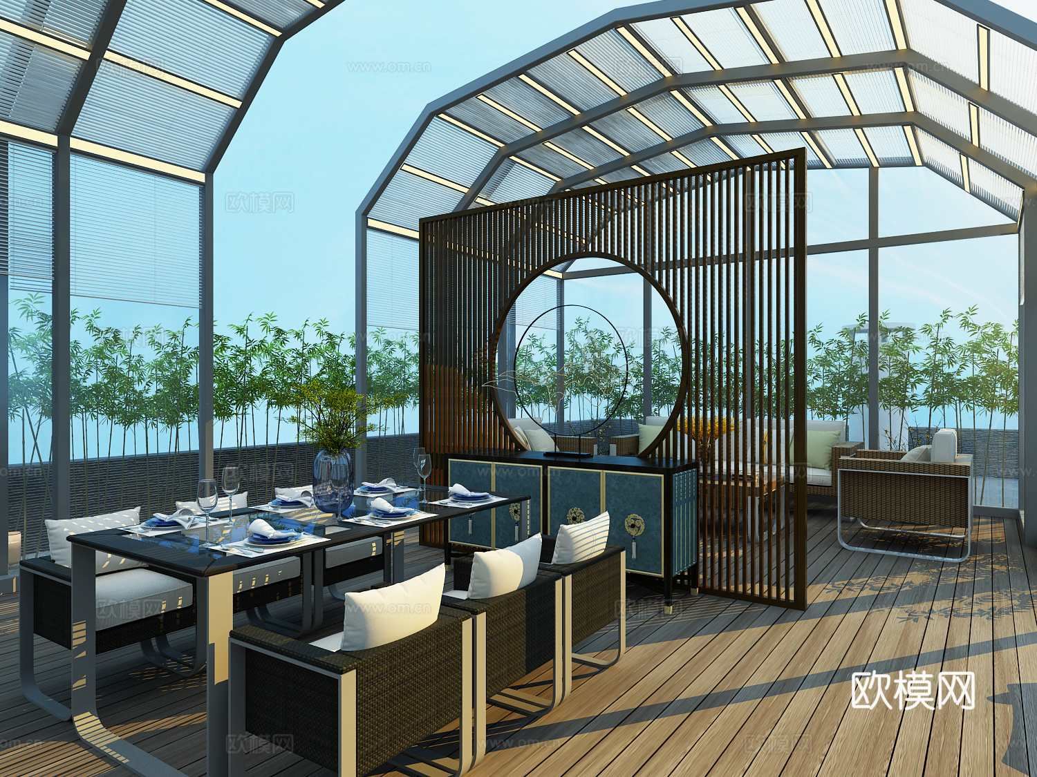 新中式楼顶花园    电动阳光房 景观 户外沙发餐椅3d模型