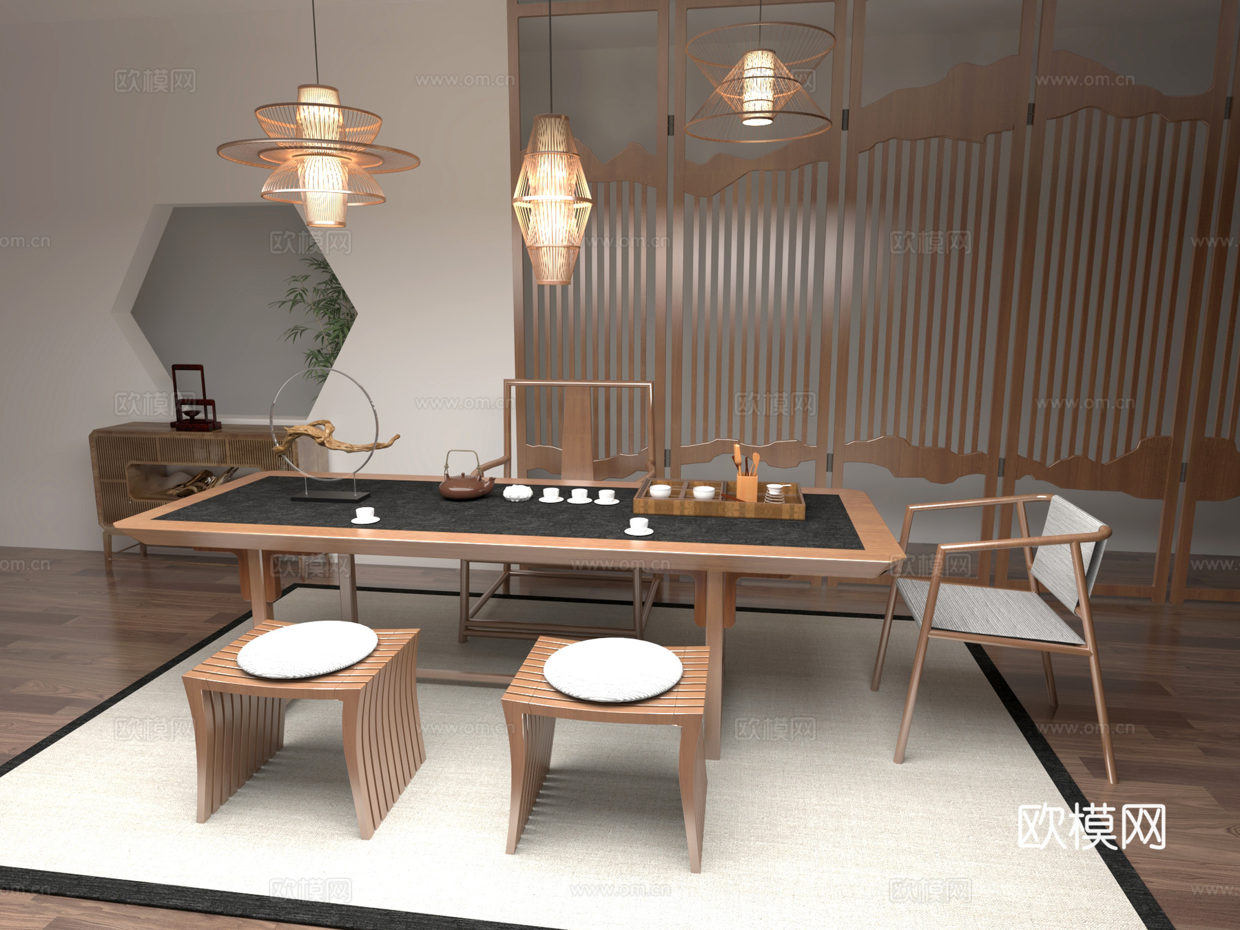 新中式 桌椅 茶桌椅 茶几 茶具3d模型下载（渲染图1）