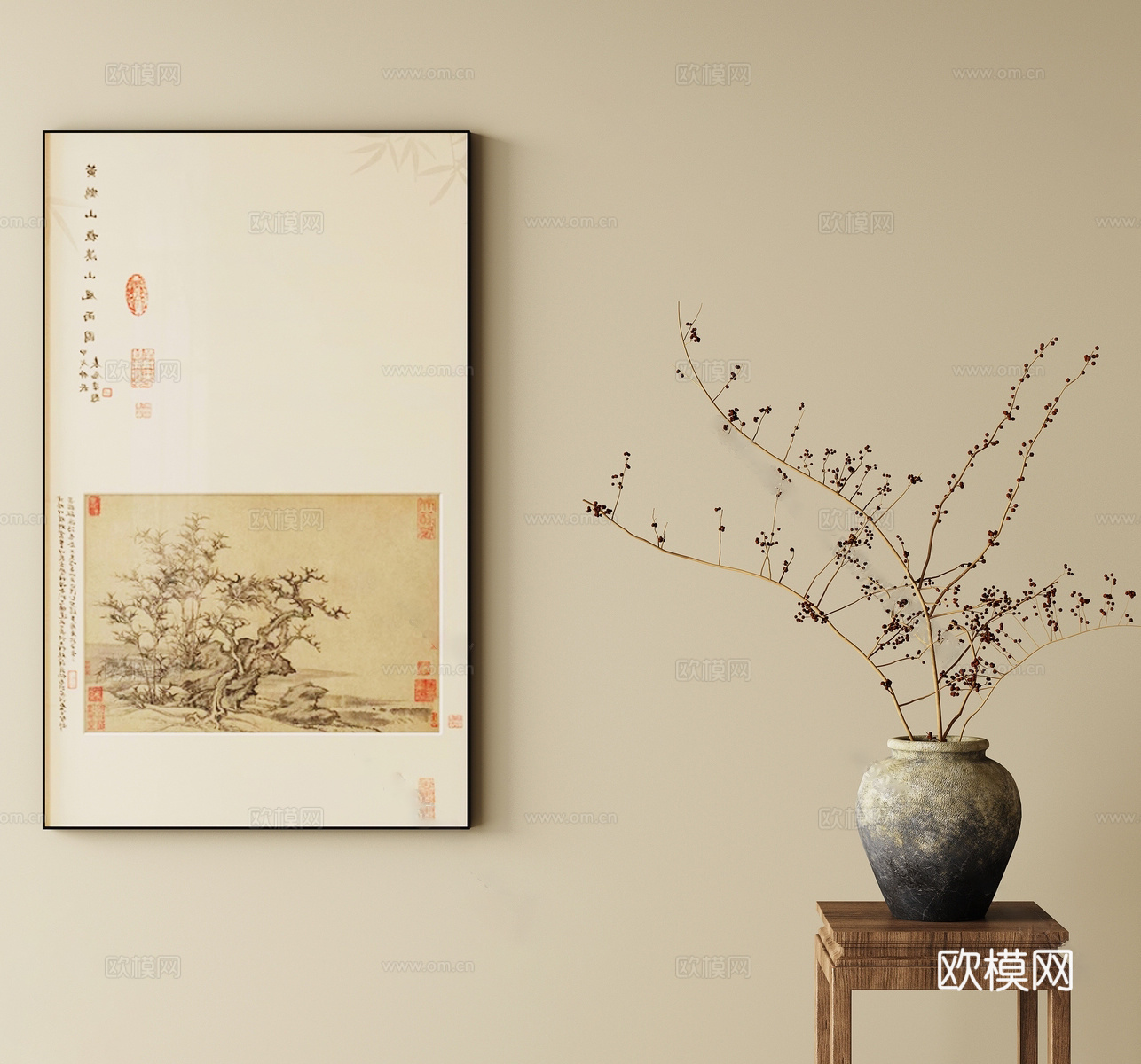 新中式挂画摆件 宋氏挂画枯枝花瓶 禅意玄关门厅挂画 宋氏书房3d模型