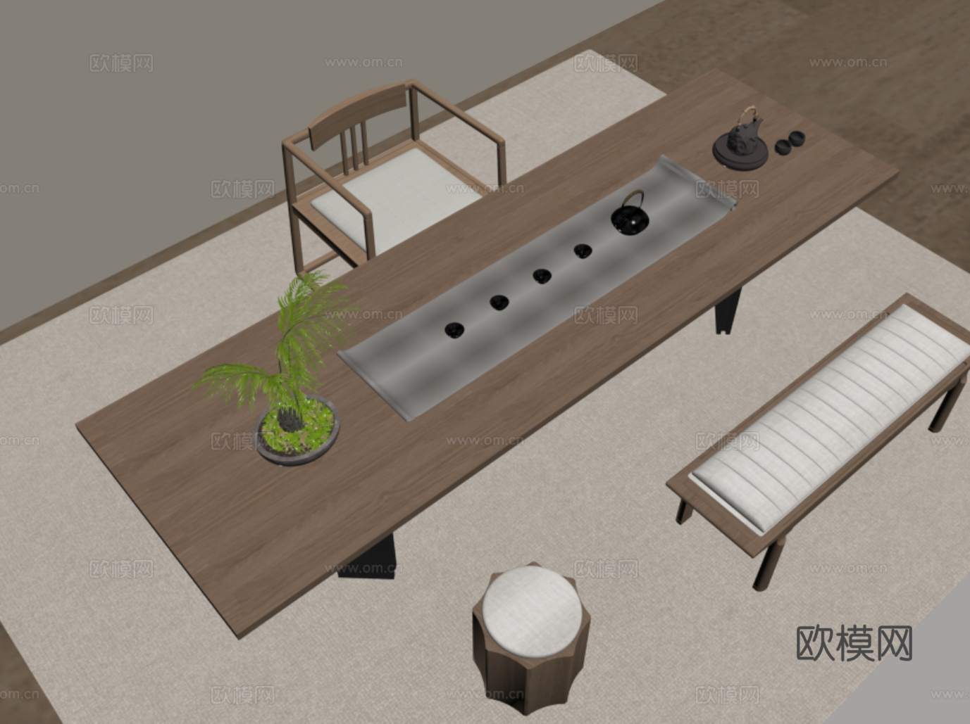 中式茶桌椅 茶具 蒲团 茶台 茶托盘 茶椅su模型