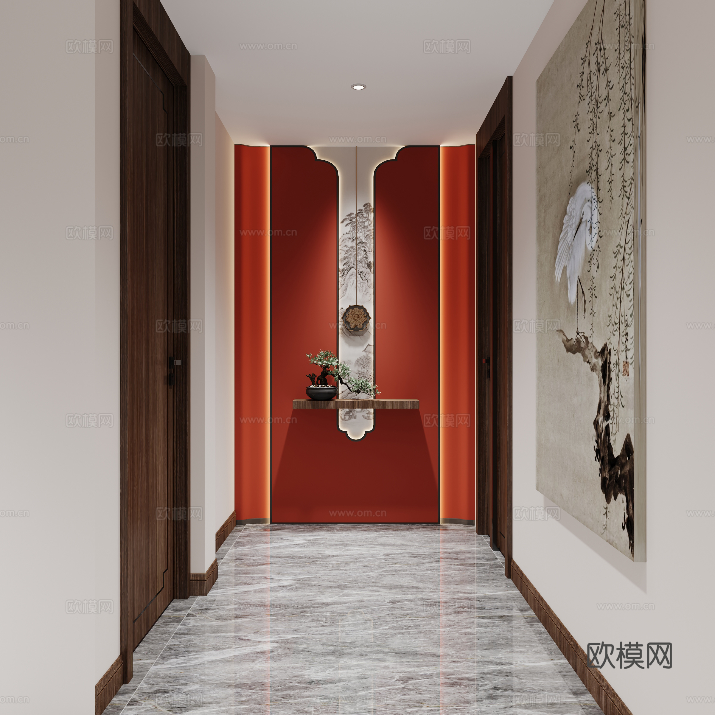 新中式玄关 新中式盆栽 新中式挂画 玄关 背景墙 走廊 过道3d模型