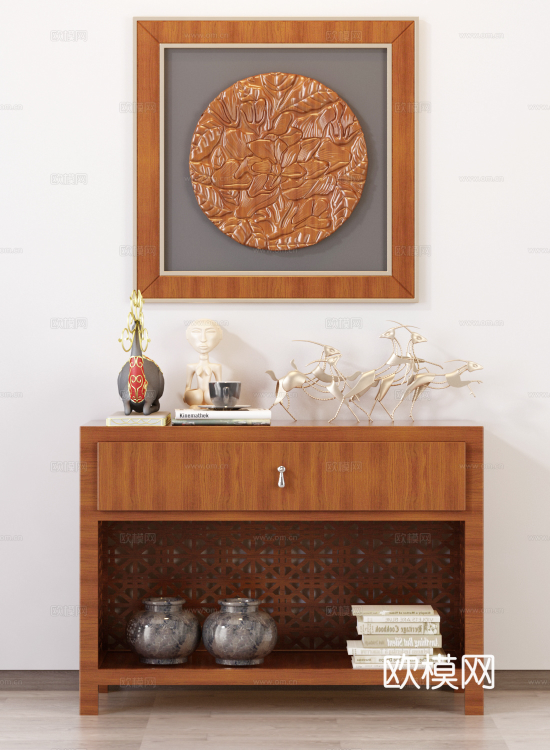 新中式边柜 玄关柜3d模型下载（渲染图1）