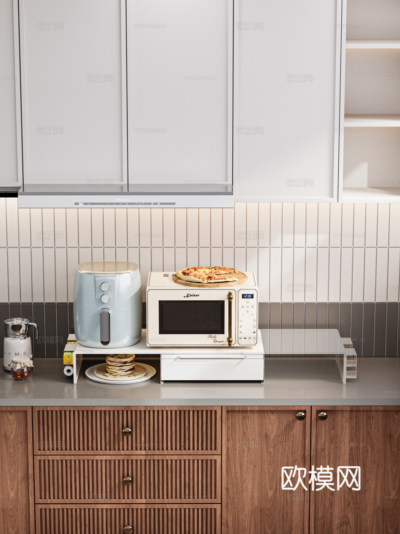 厨房空气炸锅微波炉披萨保鲜袋一体收纳架3d模型下载