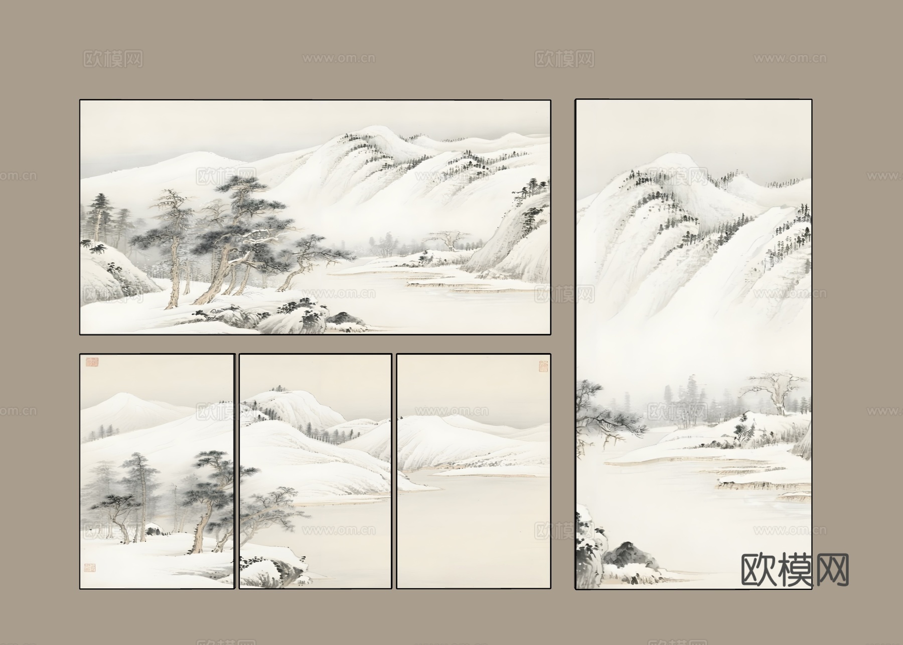 山水挂画 新中式挂画 新中式禅意硬包 背景墙硬包 壁画 山水su模型