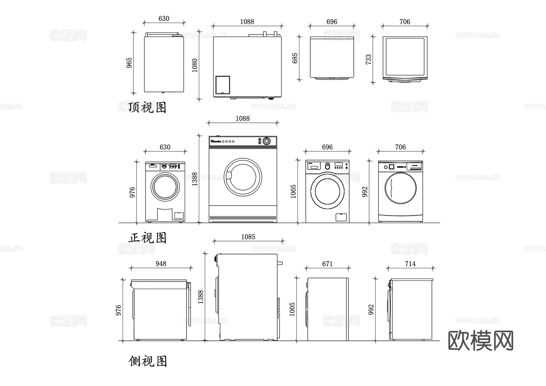 前置式洗衣机 前开式洗衣机 滚筒洗衣机 欧式洗衣机 家用滚筒cad施工图