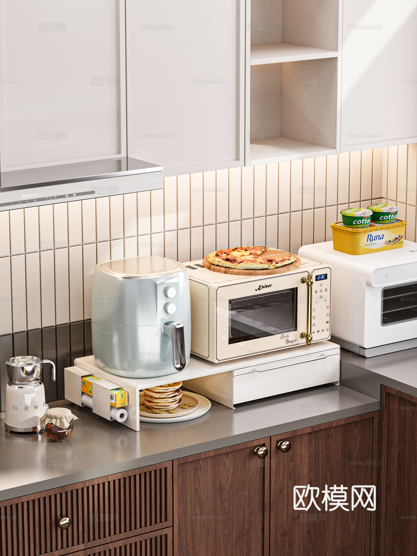 厨房空气炸锅微波炉披萨保鲜袋一体收纳架3d模型下载