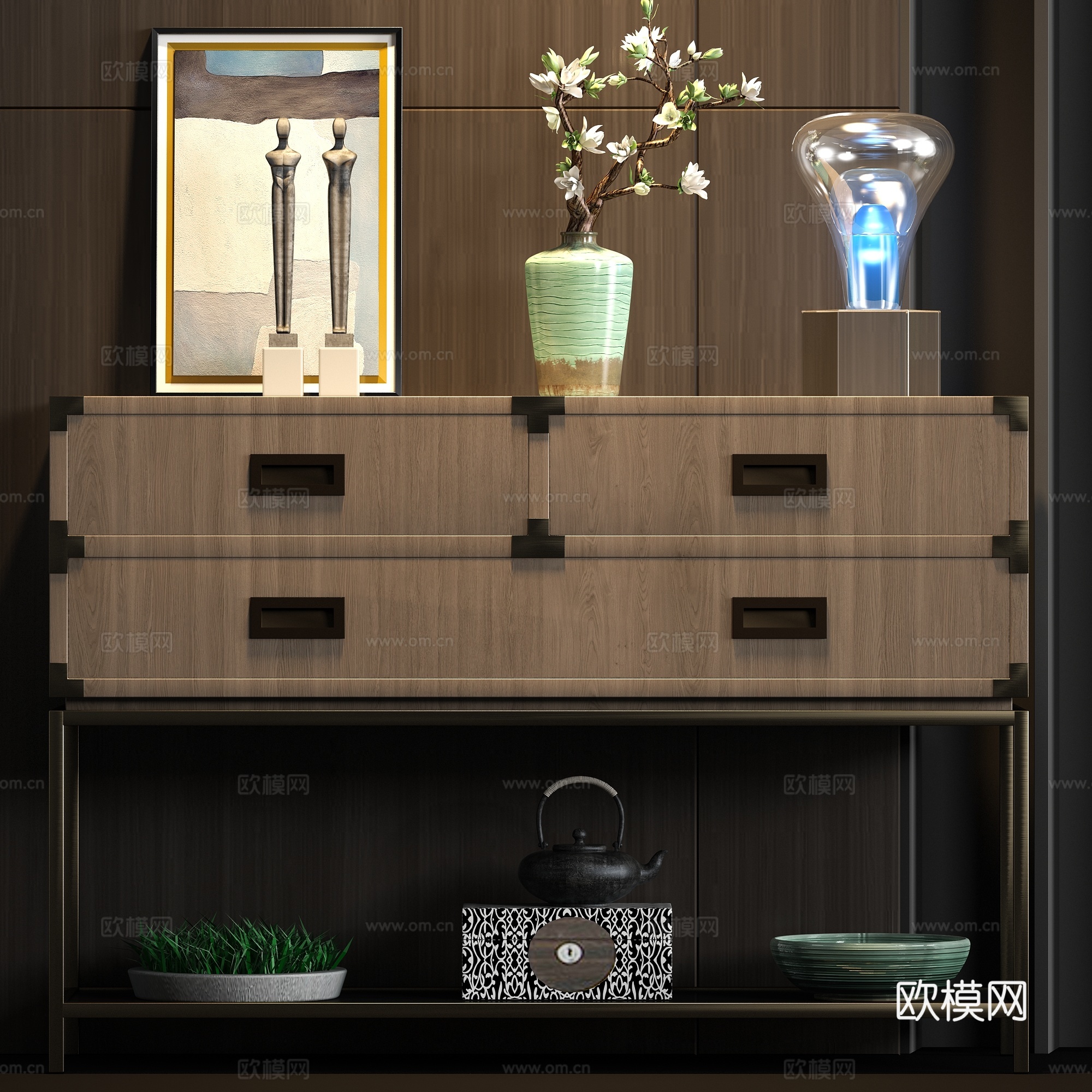 新中式实木端景柜饰品组合3d模型