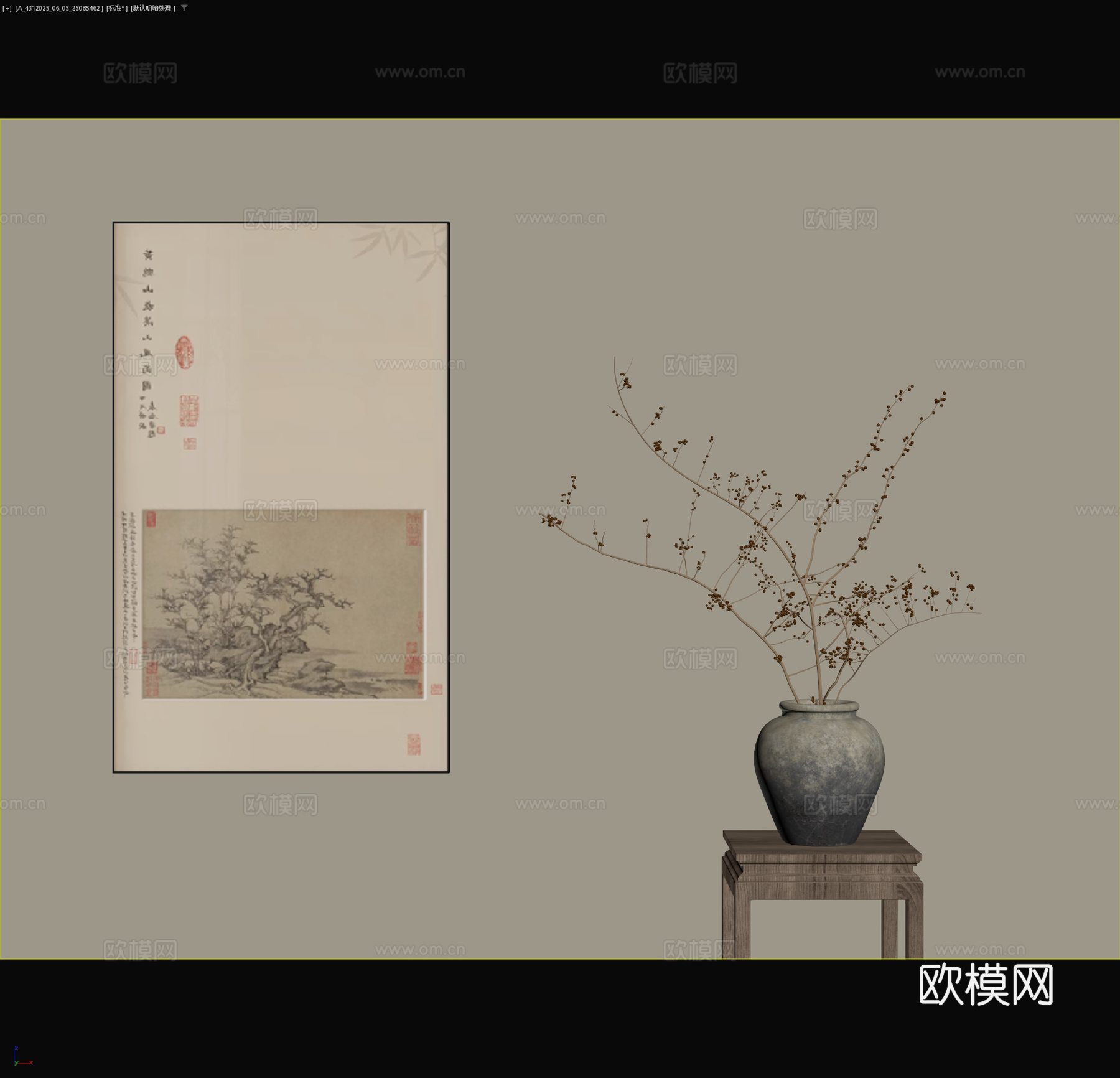 新中式挂画摆件 宋氏挂画枯枝花瓶 禅意玄关门厅挂画 宋氏书房3d模型