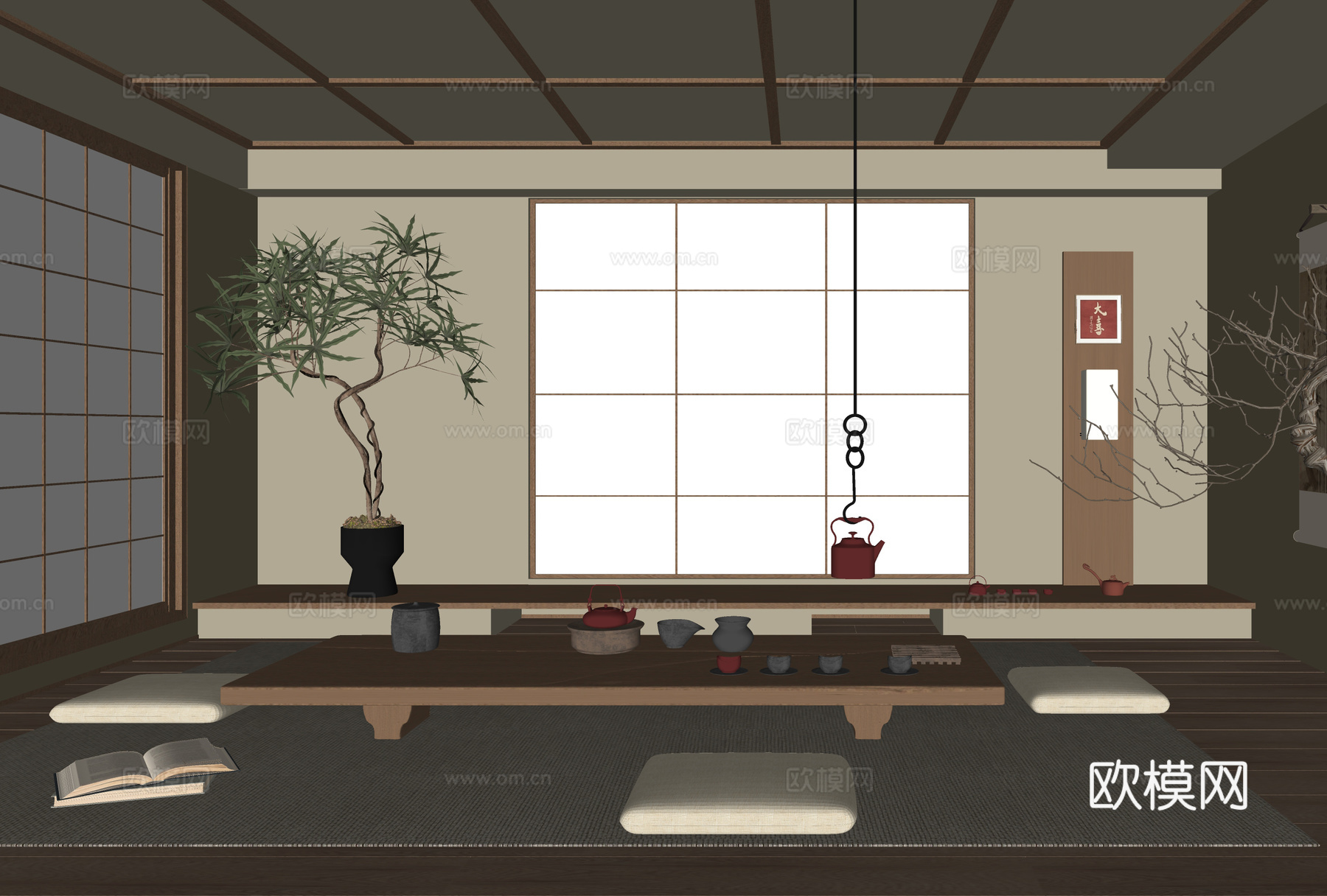 日式榻榻米茶室 榻榻米茶桌椅 茶具 盆栽盆景su模型