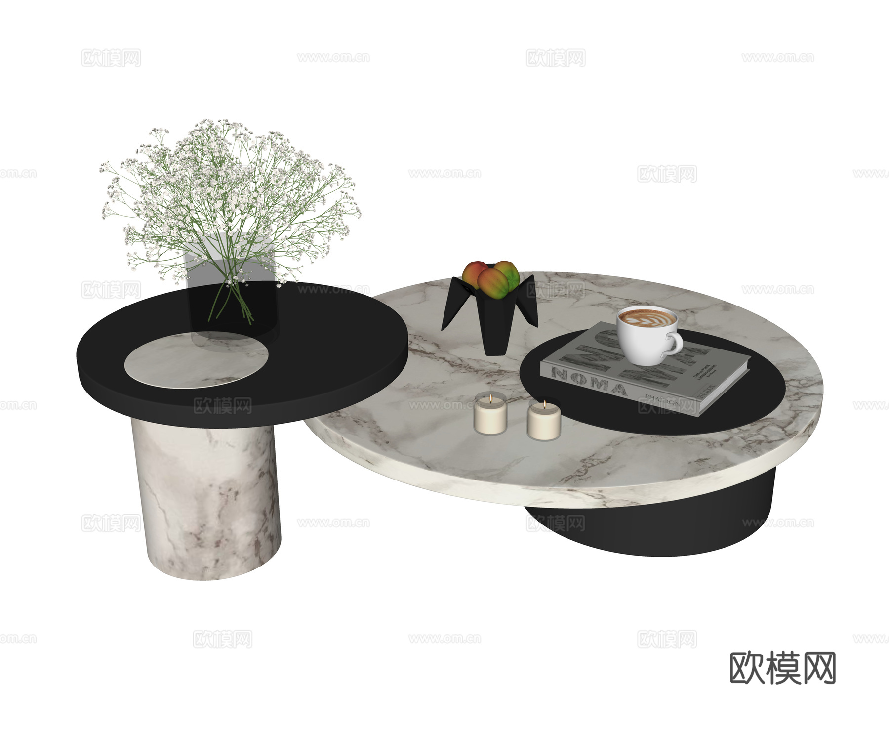 现代茶几 大理石茶几 石材茶几 圆形茶几 子母茶几 茶几摆件su模型