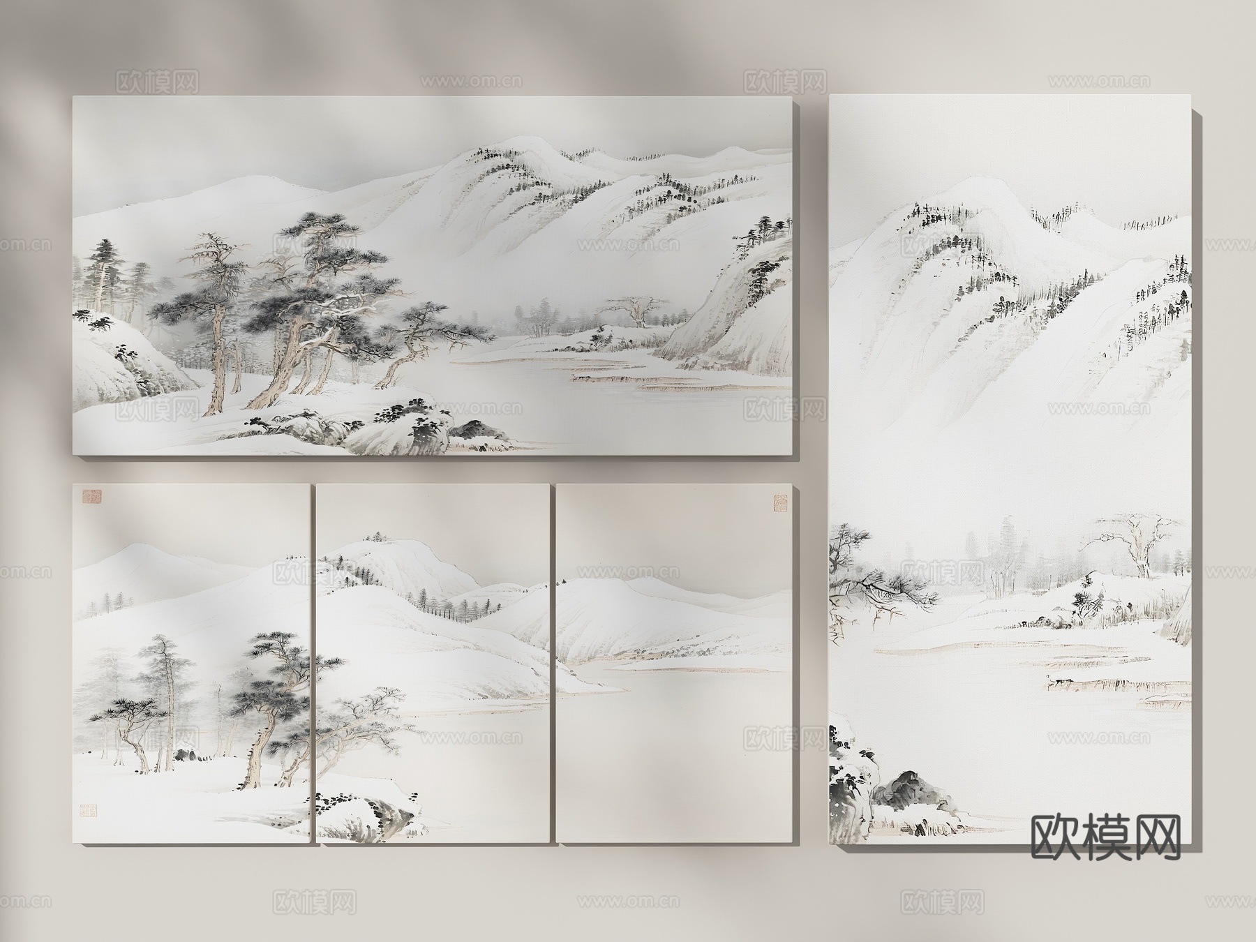 山水挂画 新中式挂画 新中式禅意硬包 背景墙硬包 壁画 山水3d模型