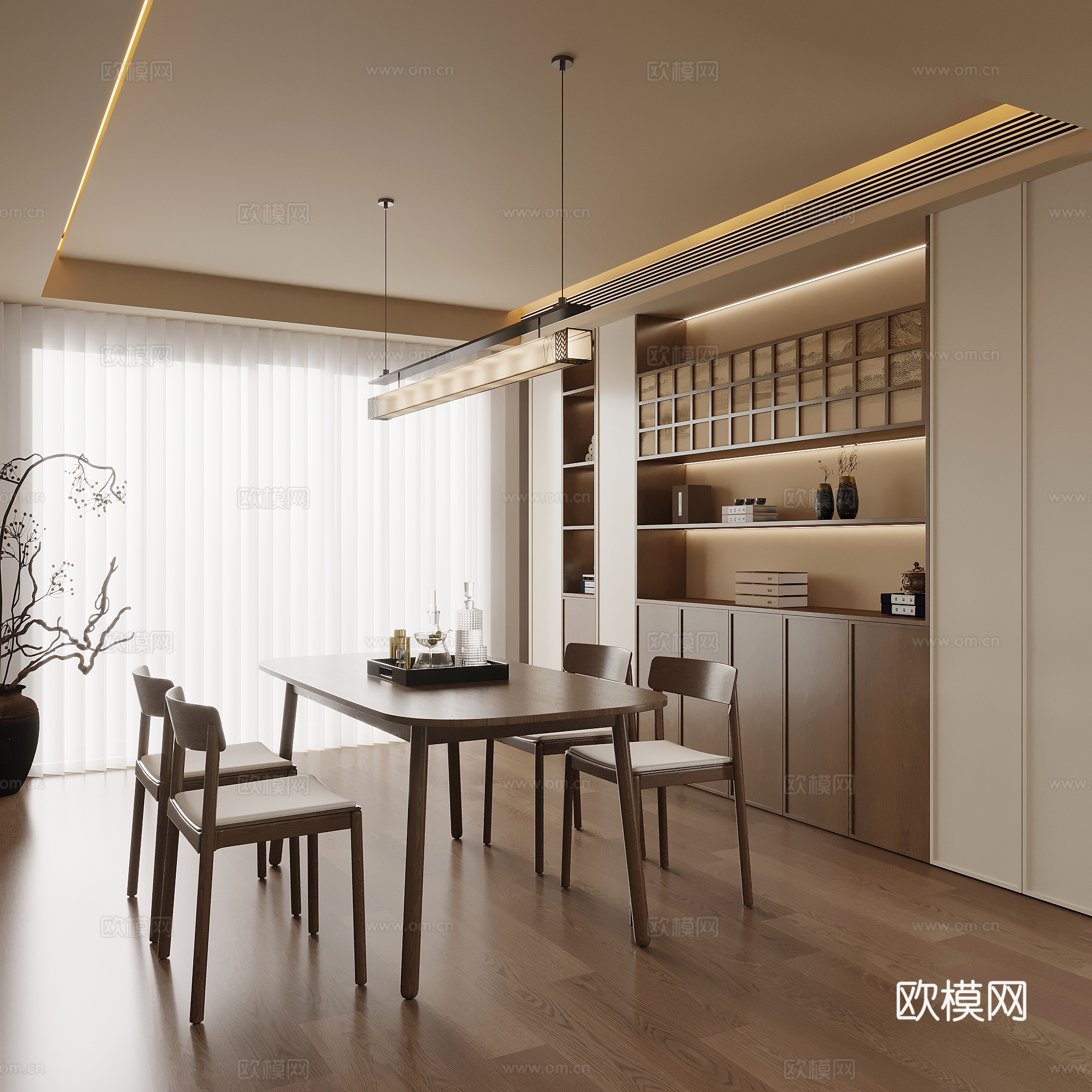 中古风餐厅 餐桌椅 餐边柜 酒柜3d模型