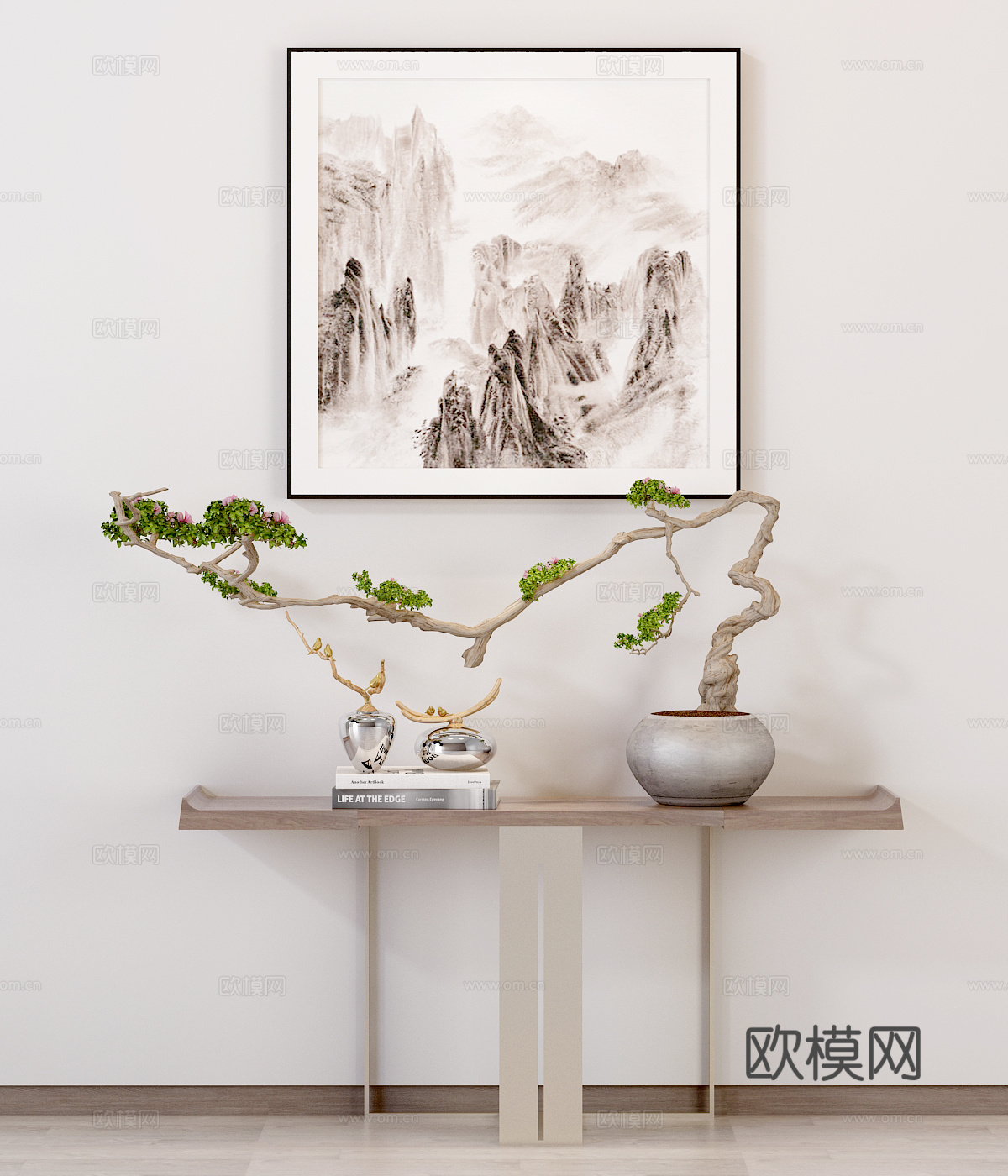 新中式玄关柜 边柜 盆艺 摆件挂画3d模型