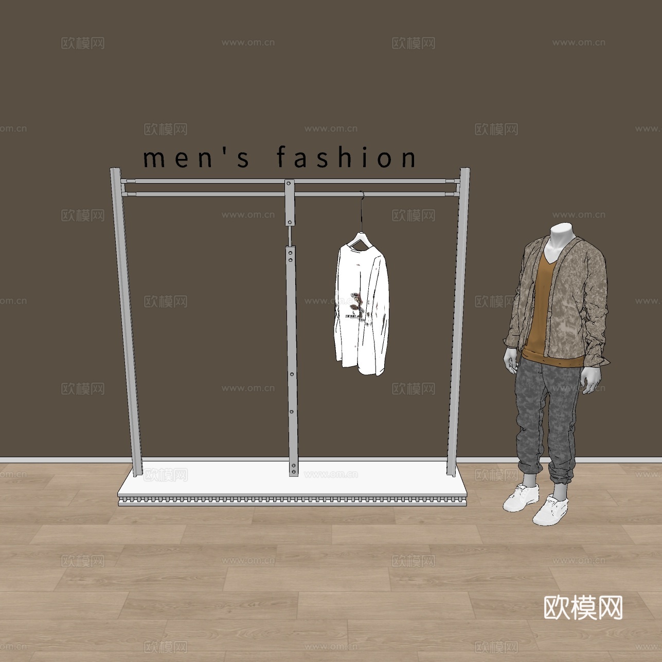 现代服装店货架 服饰衣架 不锈钢衣架 模特 T恤 直播间su模型