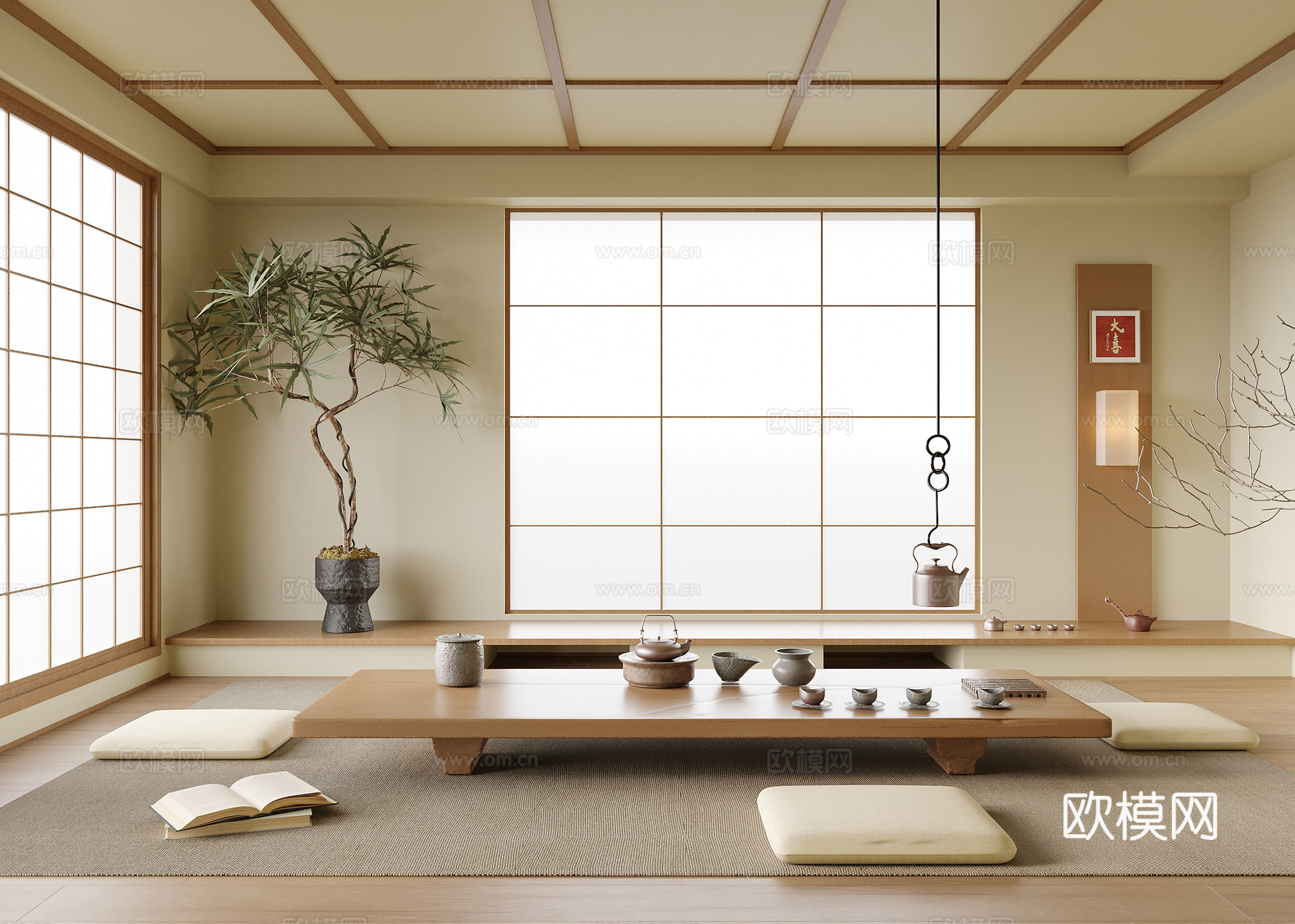 日式榻榻米茶室 榻榻米茶桌椅 茶具 盆栽盆景3d模型