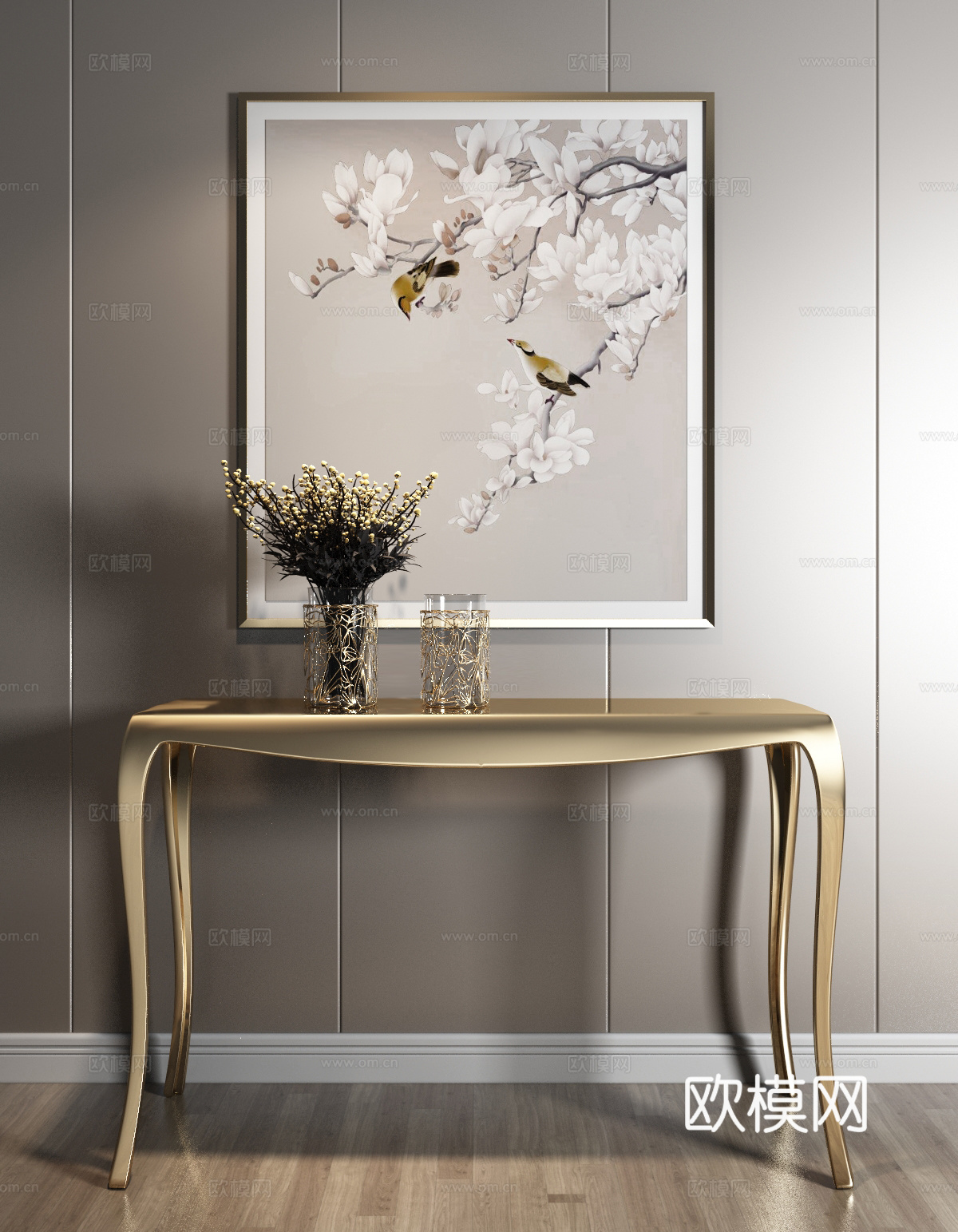 后现代玄关台 挂画 花瓶 条案 轻奢家具3d模型下载