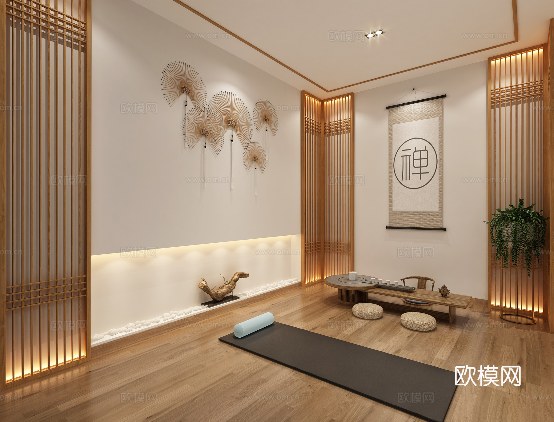 新中式瑜伽 小教室瑜伽毯 茶桌3d模型