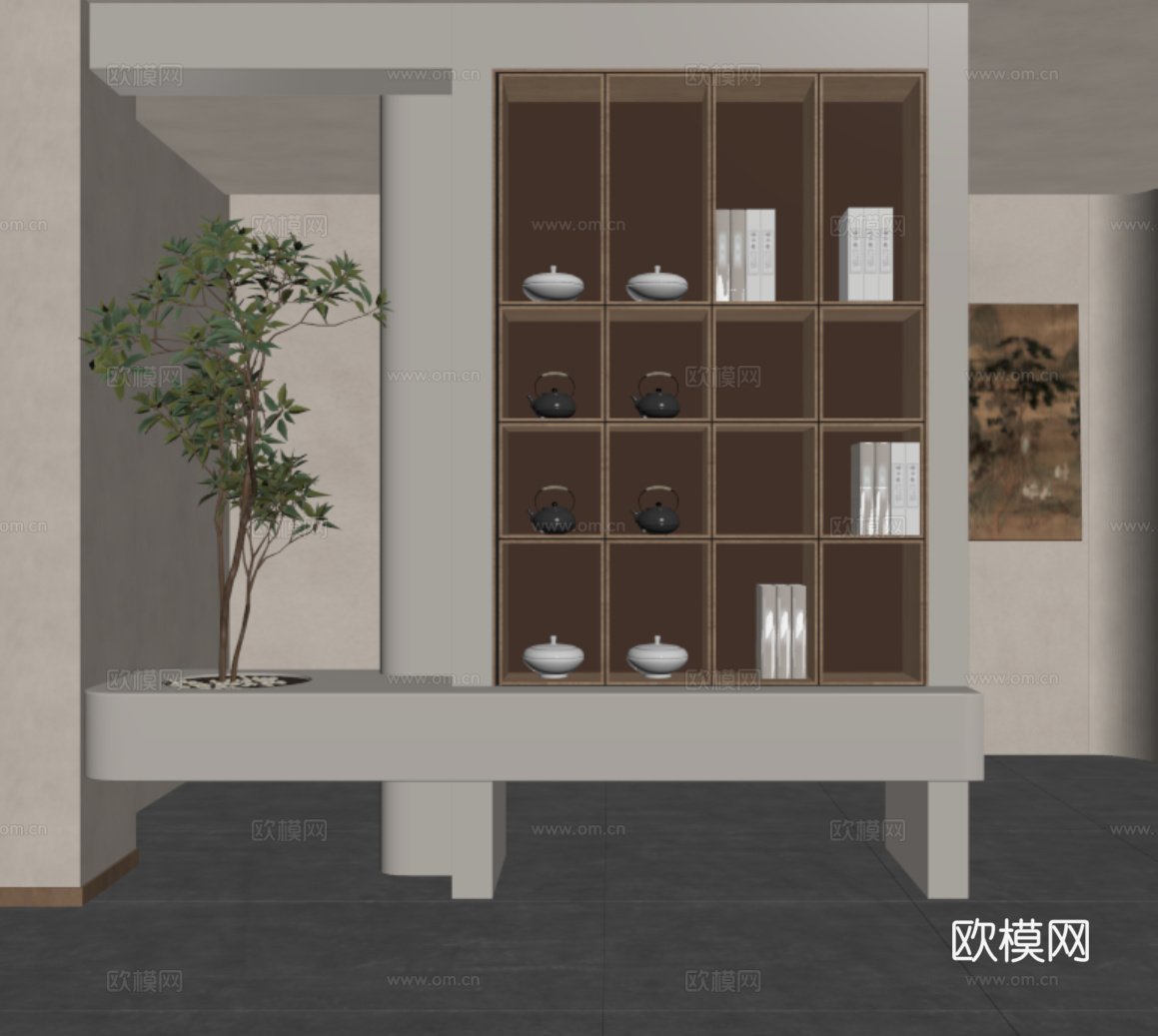 新中式玄关 玄关隔断 摆件 挂画 过道玄关 门厅 别墅玄关su模型