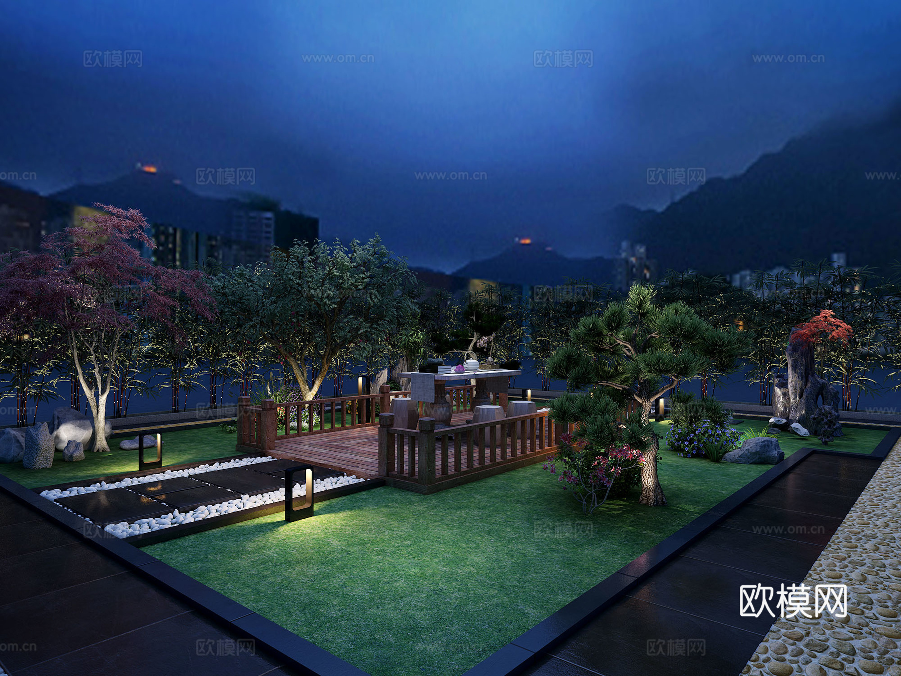 新中式院子 庭院鹅卵石防腐木青石板3d模型