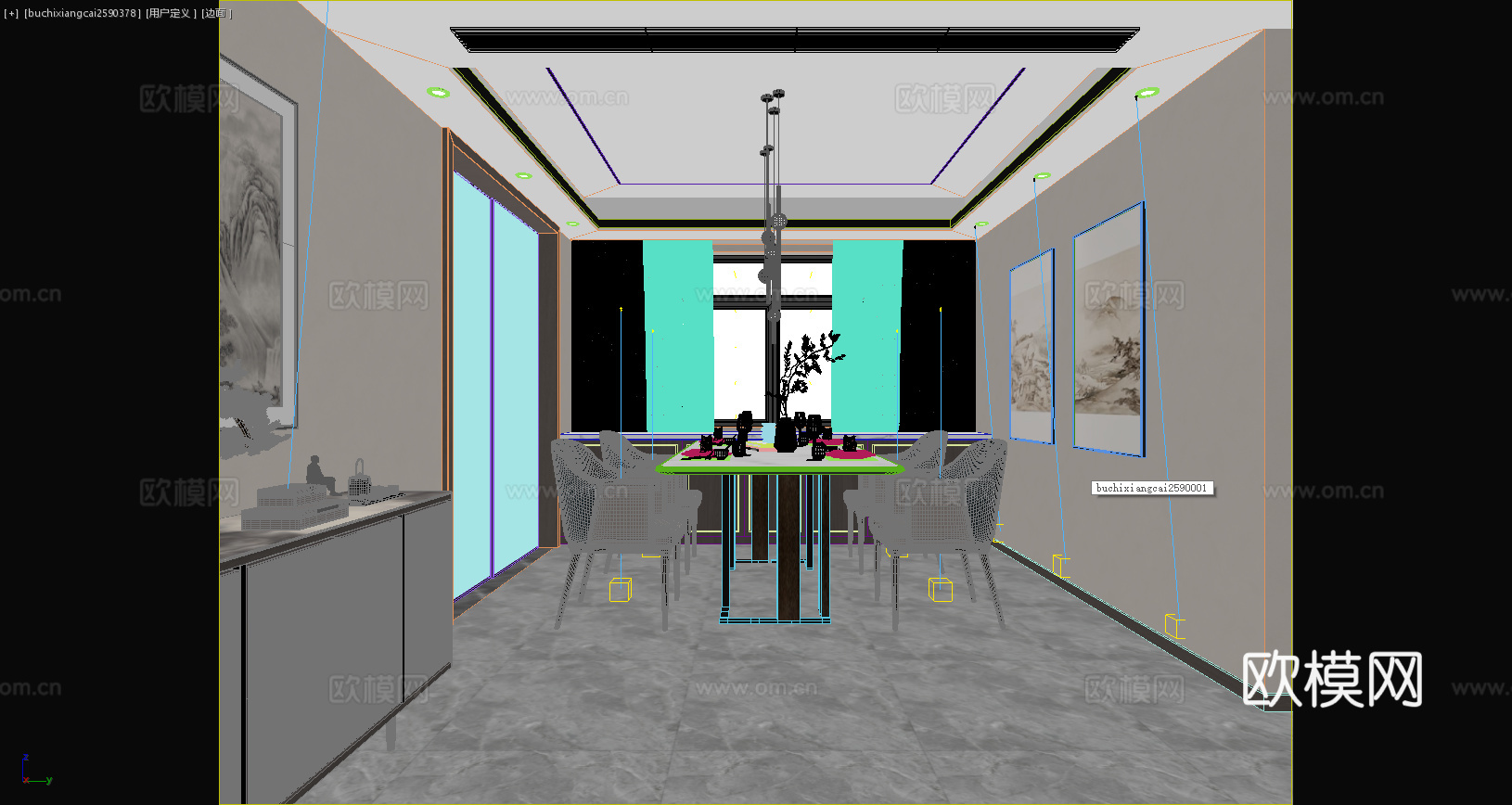 新中式餐厅 玄关柜 餐桌 餐椅 吊灯 挂画 餐边柜3d模型