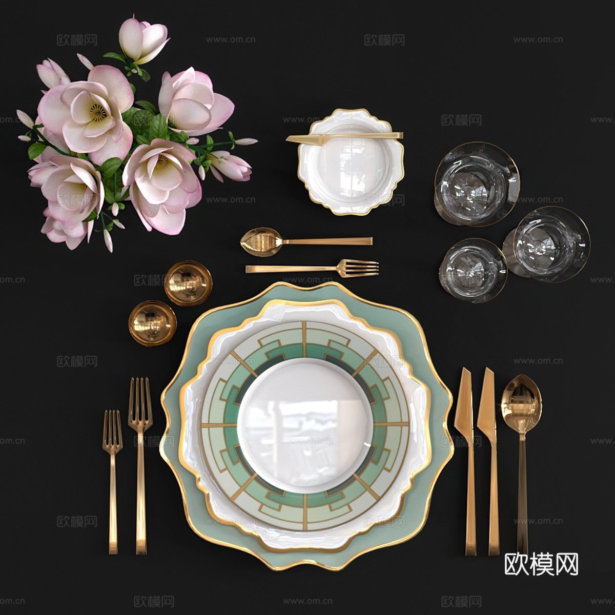 餐桌布置与鲜花3d模型下载