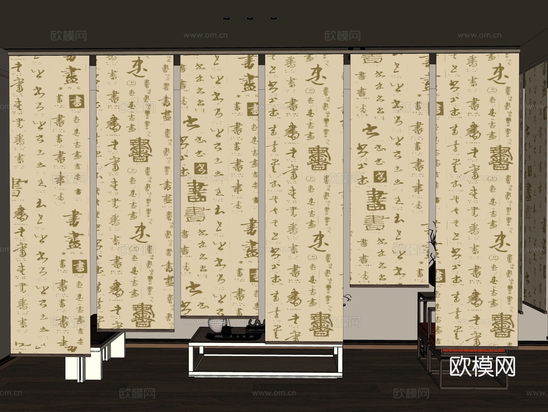 新中式禅意纱帘 字画纱帘 水墨画纱帘 茶室卷帘 新中式卷帘su模型