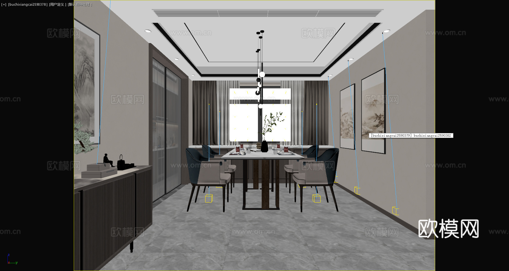 新中式餐厅 玄关柜 餐桌 餐椅 吊灯 挂画 餐边柜3d模型