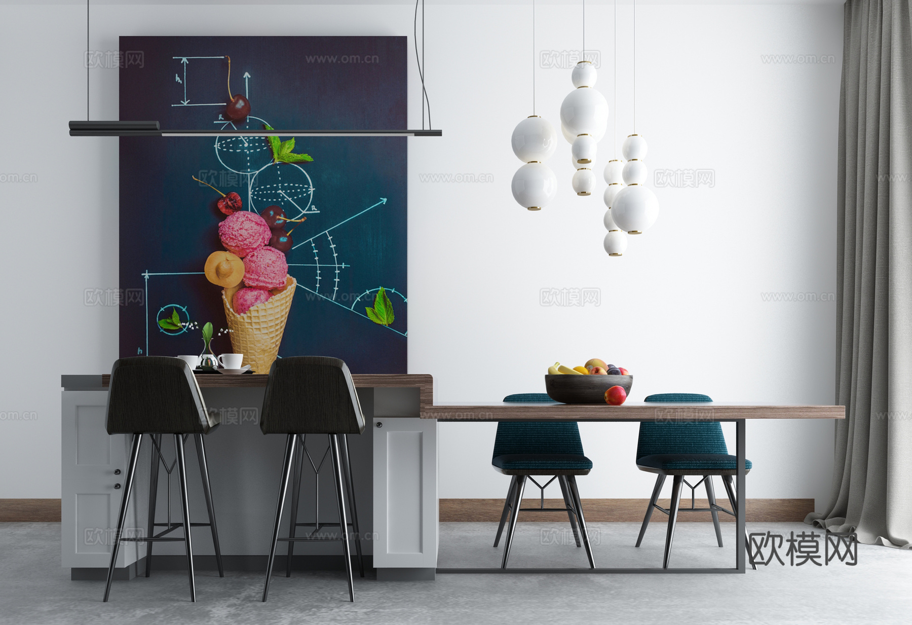 现代北欧餐厅 现代餐桌椅组合3d模型