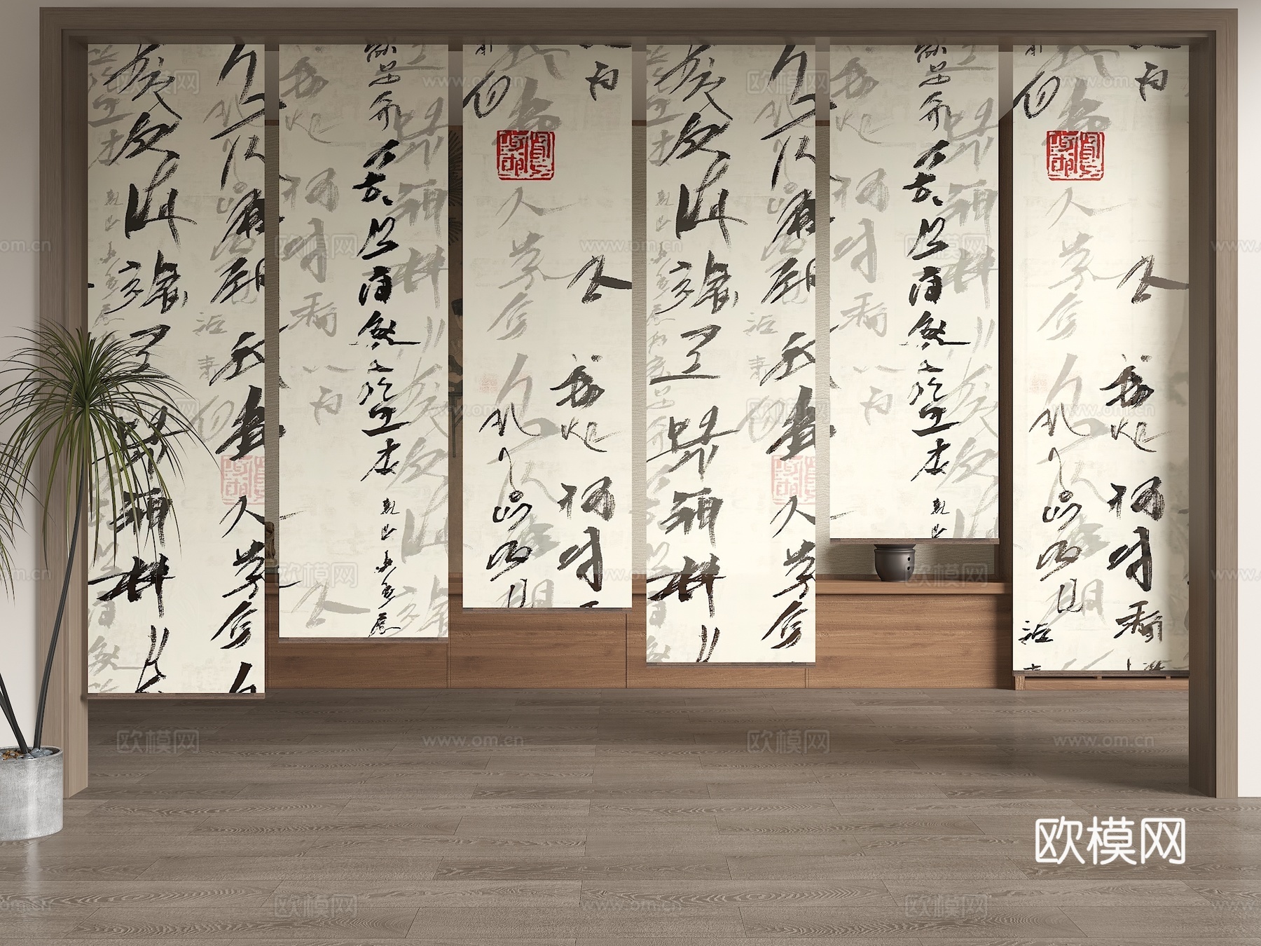 新中式禅意纱帘 字画纱帘 水墨画纱帘 茶室卷帘 新中式卷帘su模型