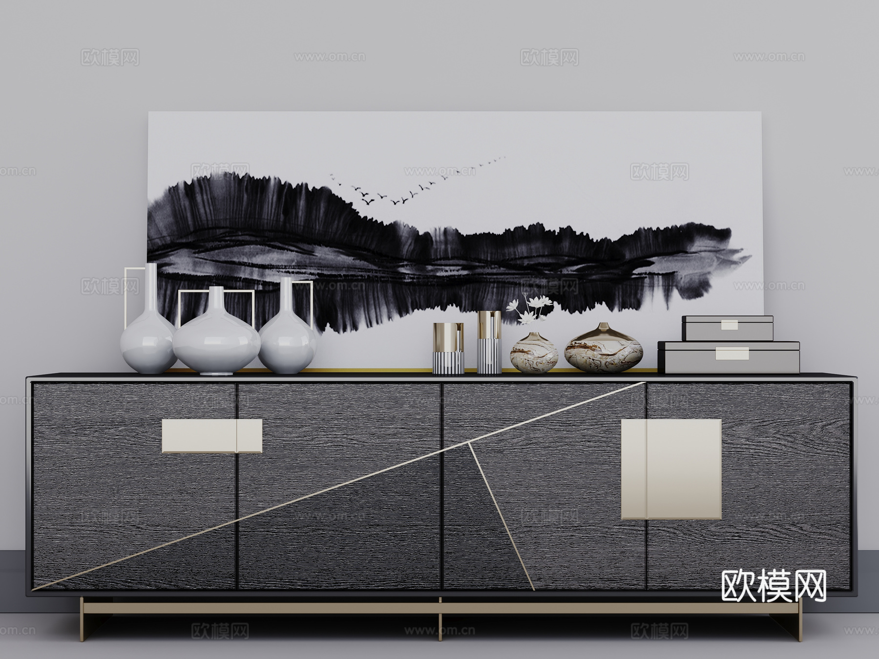 新中式玄关柜 边柜 电视柜 端景柜 餐边柜 新中式摆件 挂画3d模型