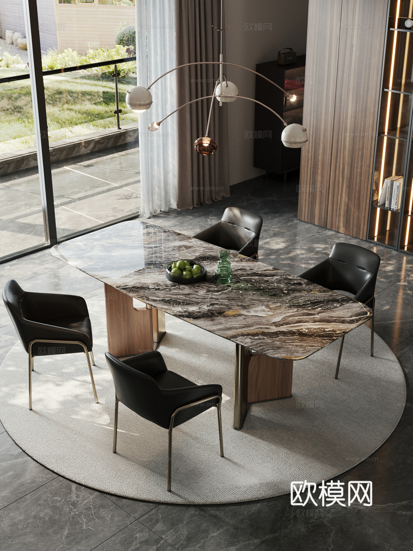 意式长条餐桌椅 轻奢五金餐桌椅3d模型下载（渲染图1）