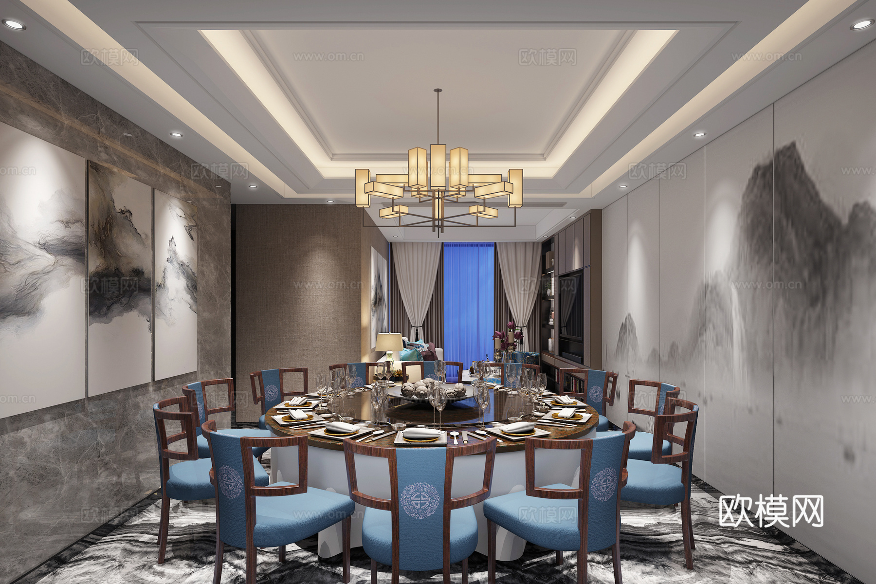 新中式酒店餐厅包厢挂画3d模型