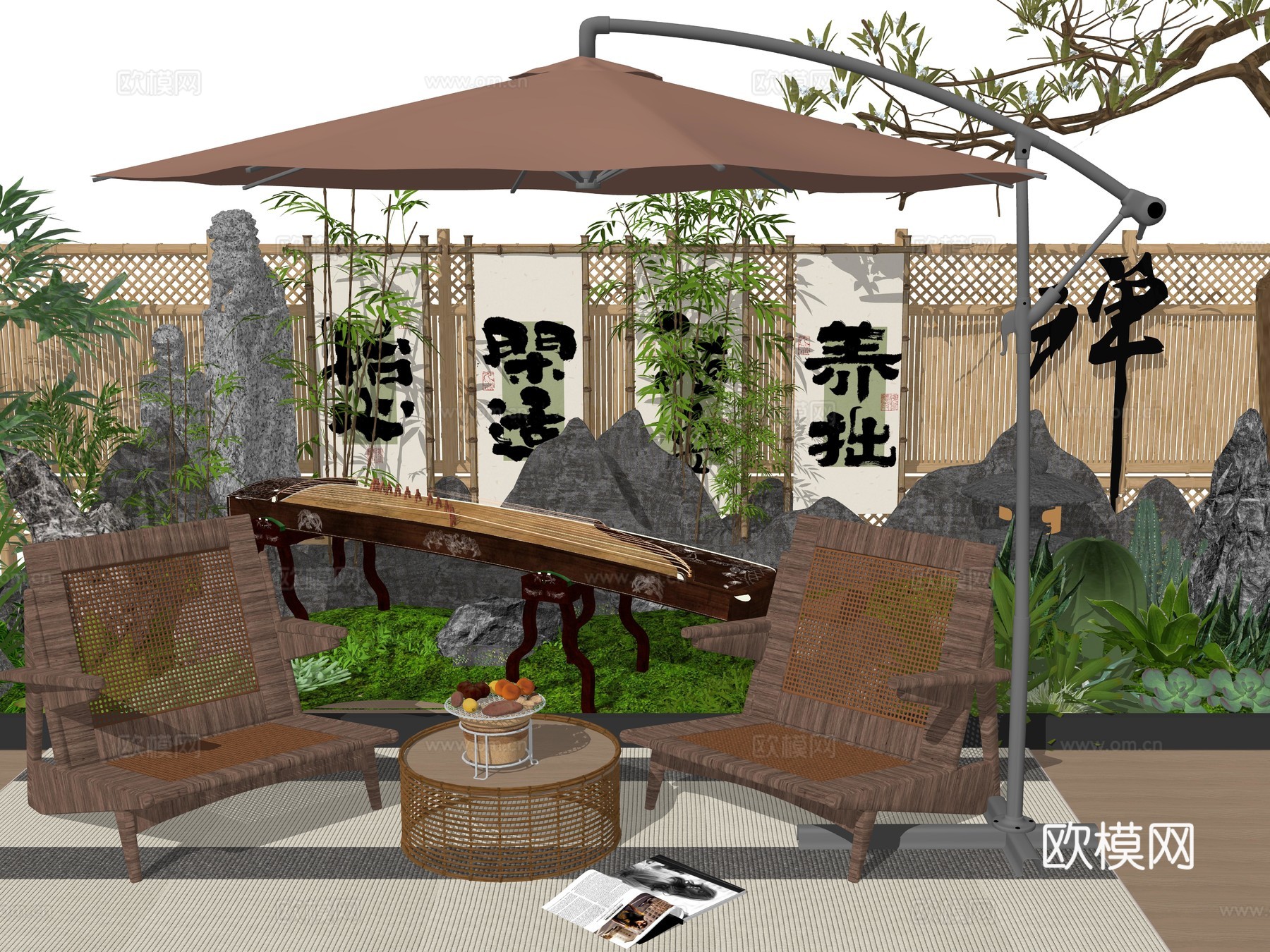 现代庭院餐桌椅植物堆食物su模型