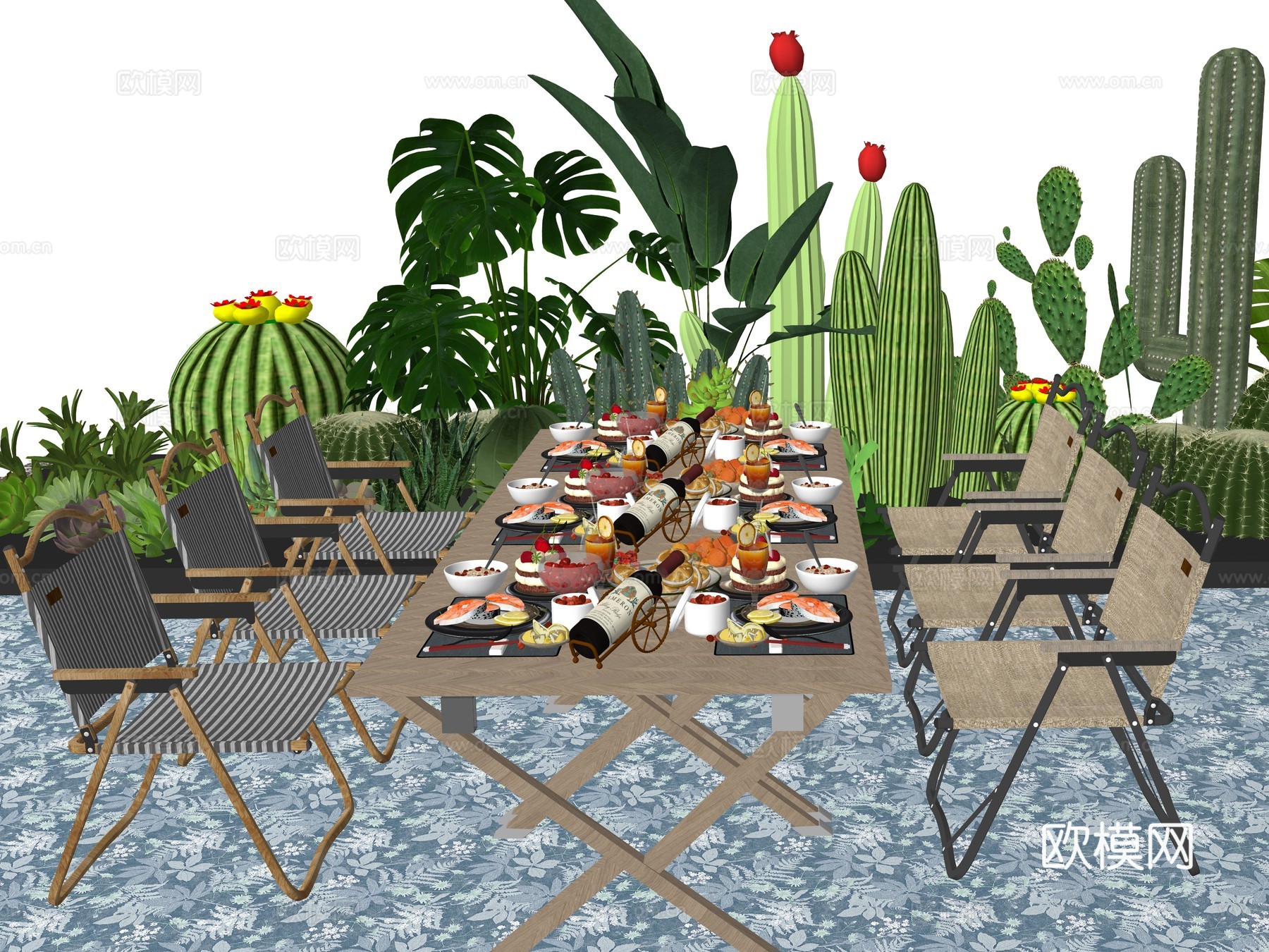 现代庭院餐桌椅植物堆食物su模型