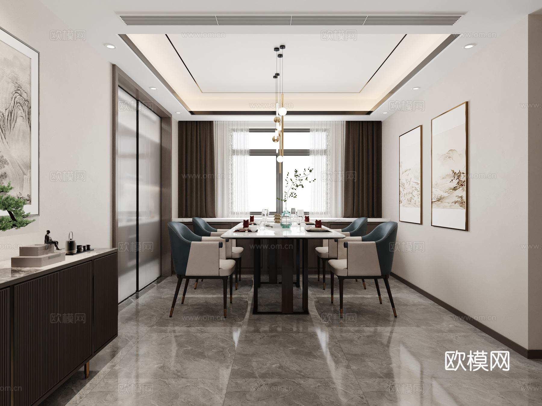 新中式餐厅 玄关柜 餐桌 餐椅 吊灯 挂画 餐边柜3d模型