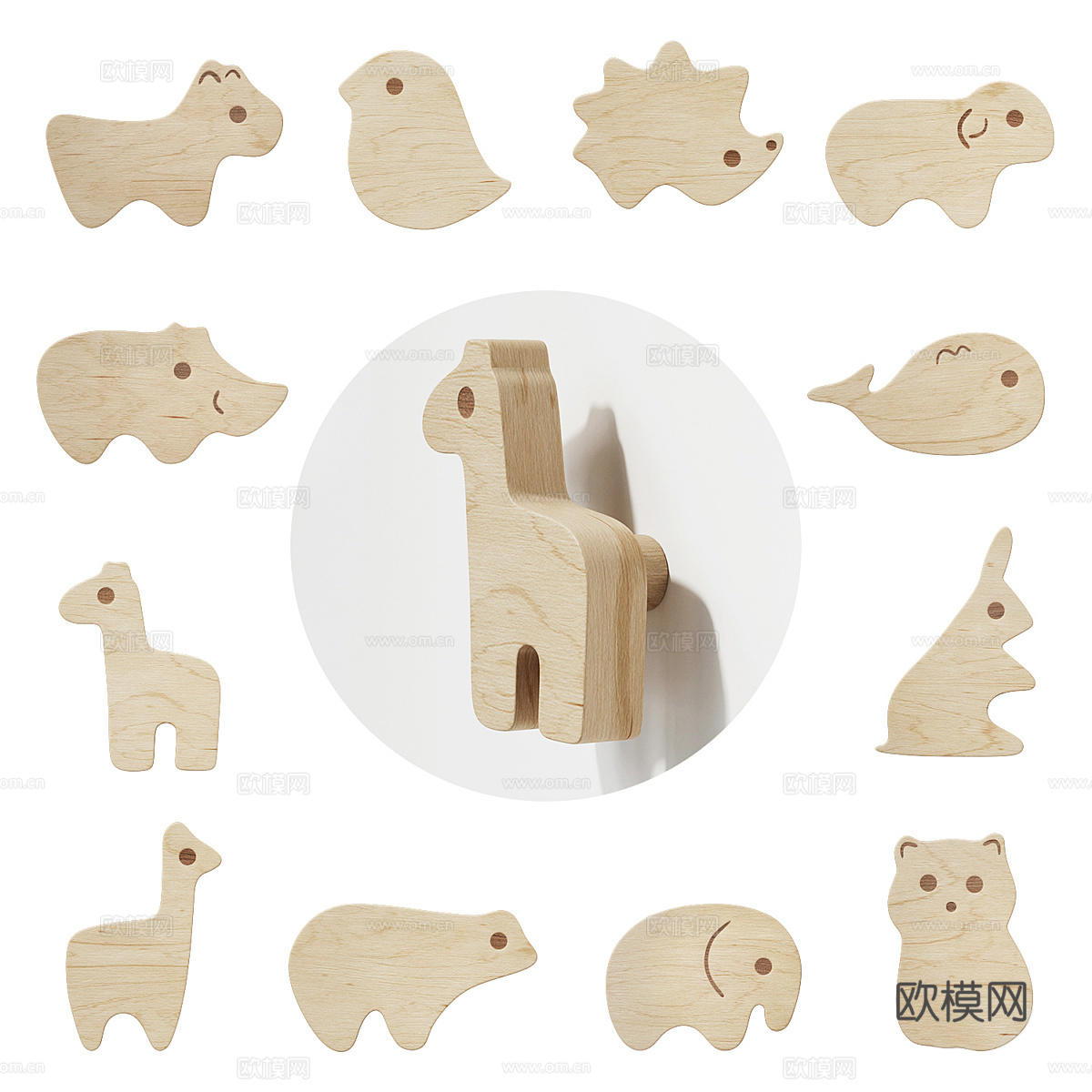 现代北欧儿童家具木质动物拉手3d模型