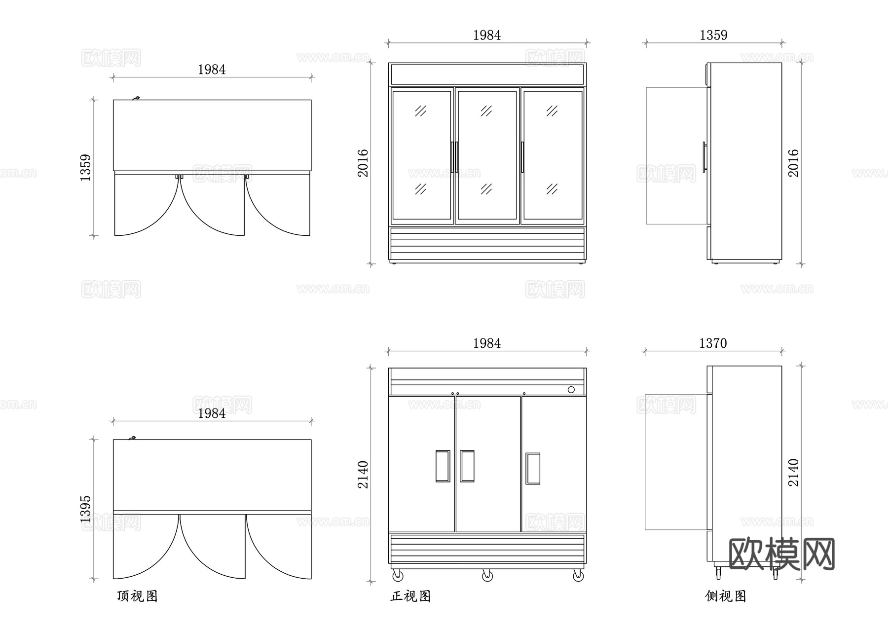 三开门商用冰箱 商用冷藏冷冻柜 大容量商用冰箱 三门展示冷柜cad施工图