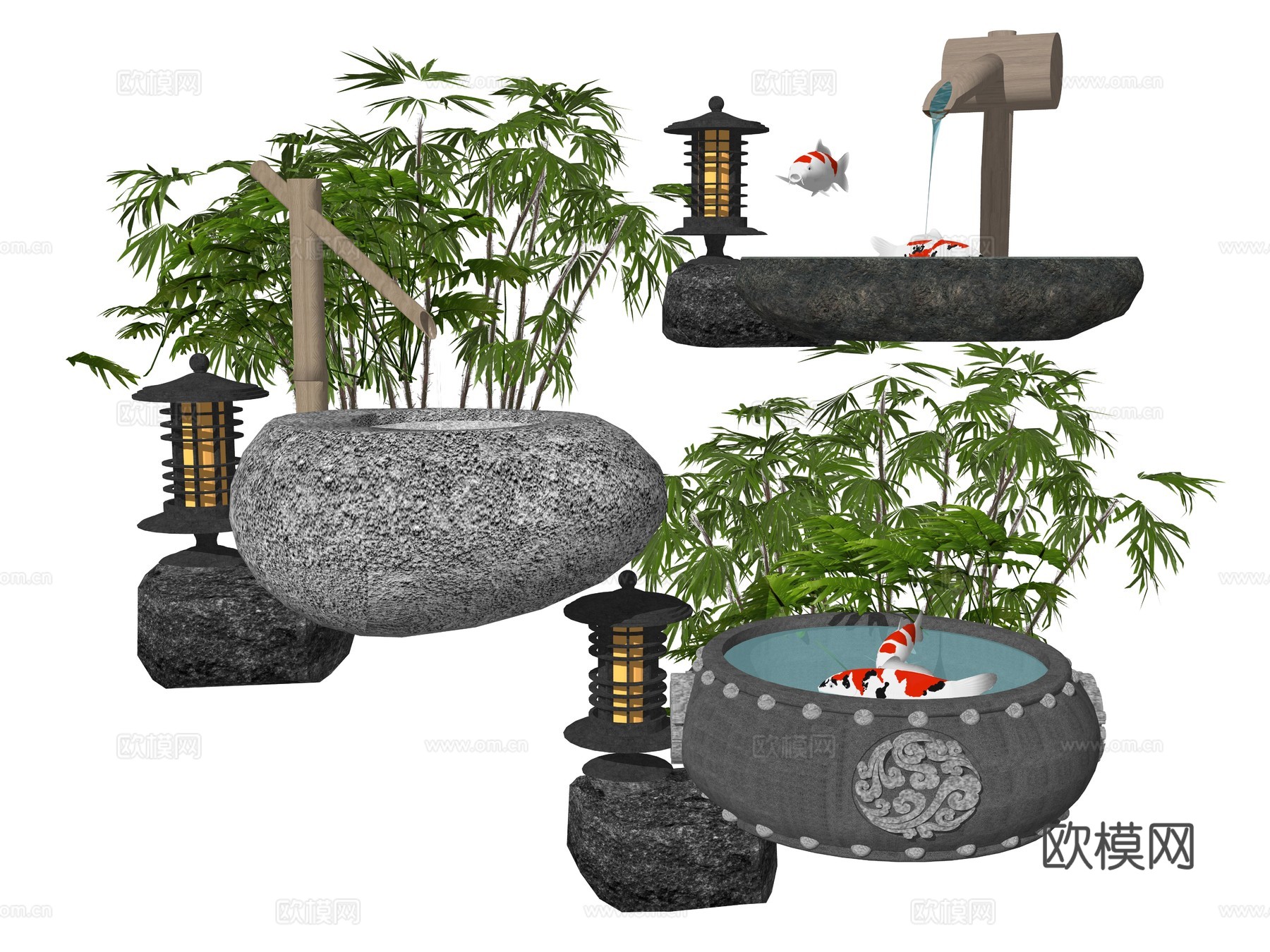新中式水缸水景植物su模型