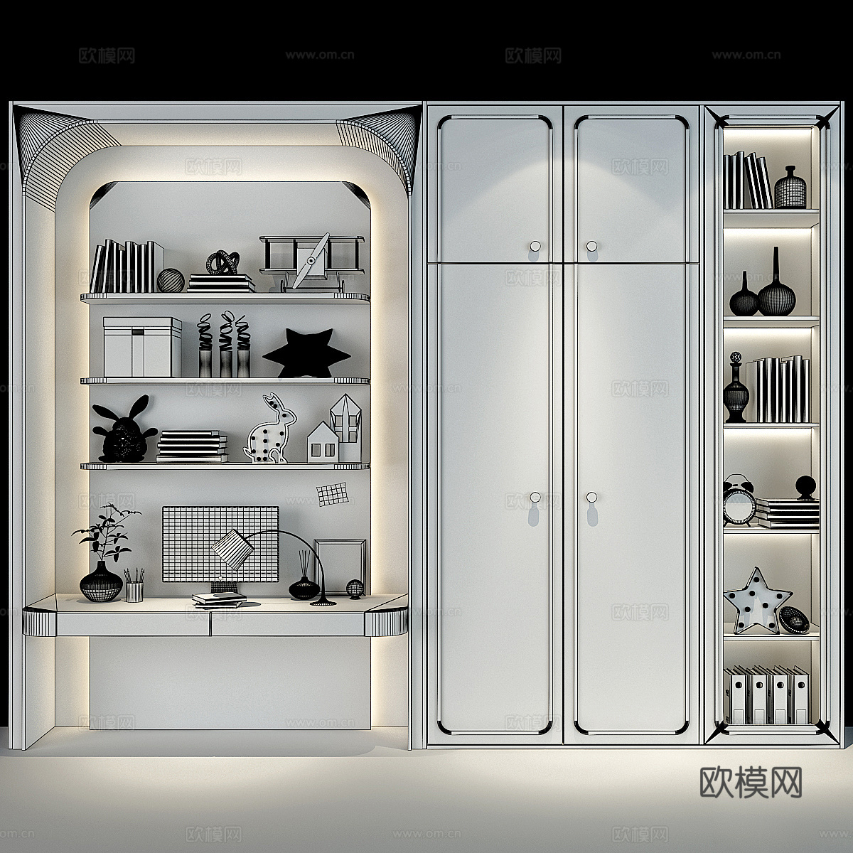 现代儿童书桌书柜衣柜一体柜3d模型下载（渲染图2）